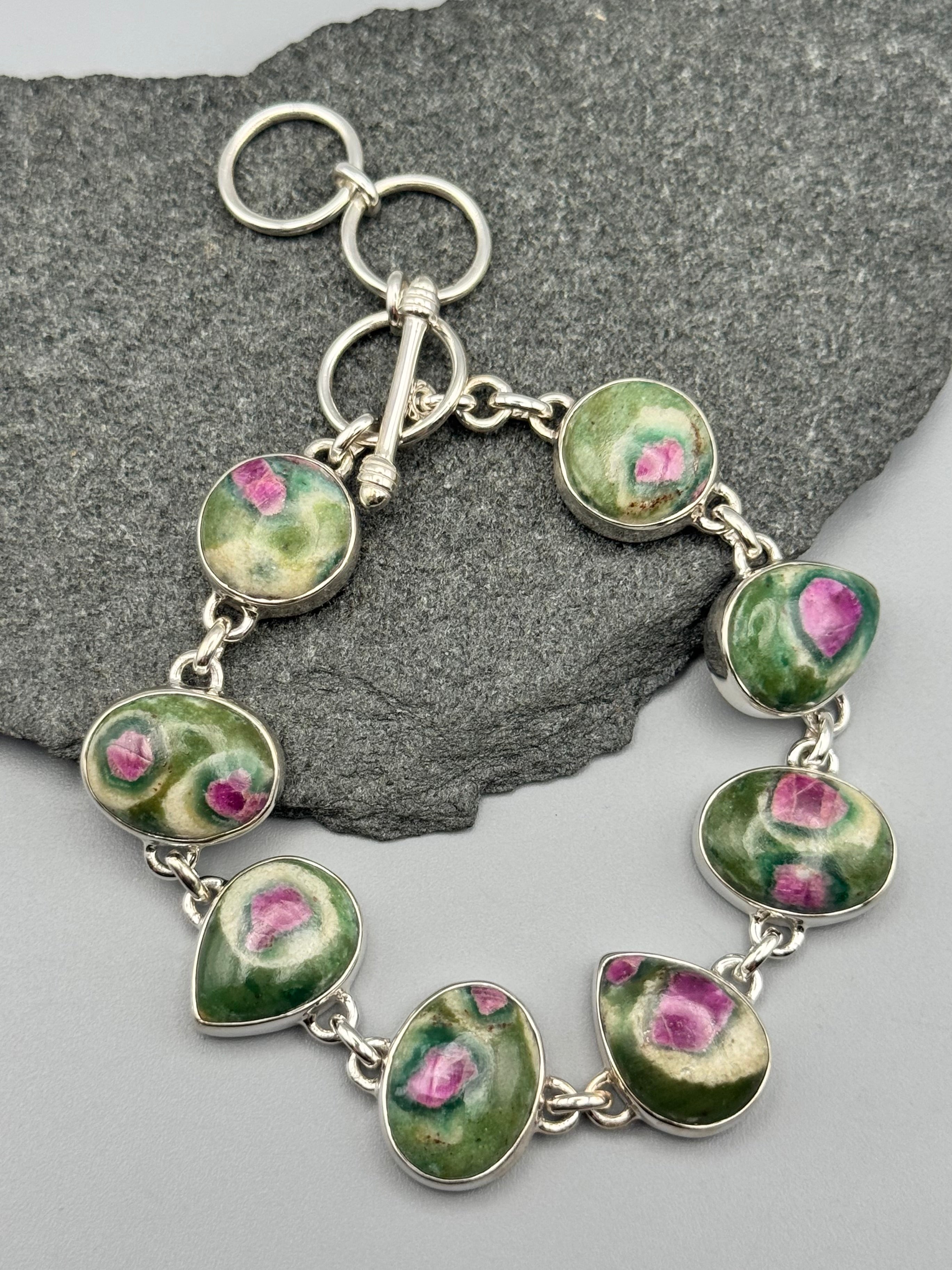 •RUBY FUCHSITE - GEO MIX• linked silver bracelet (7.25" - 8.5")
