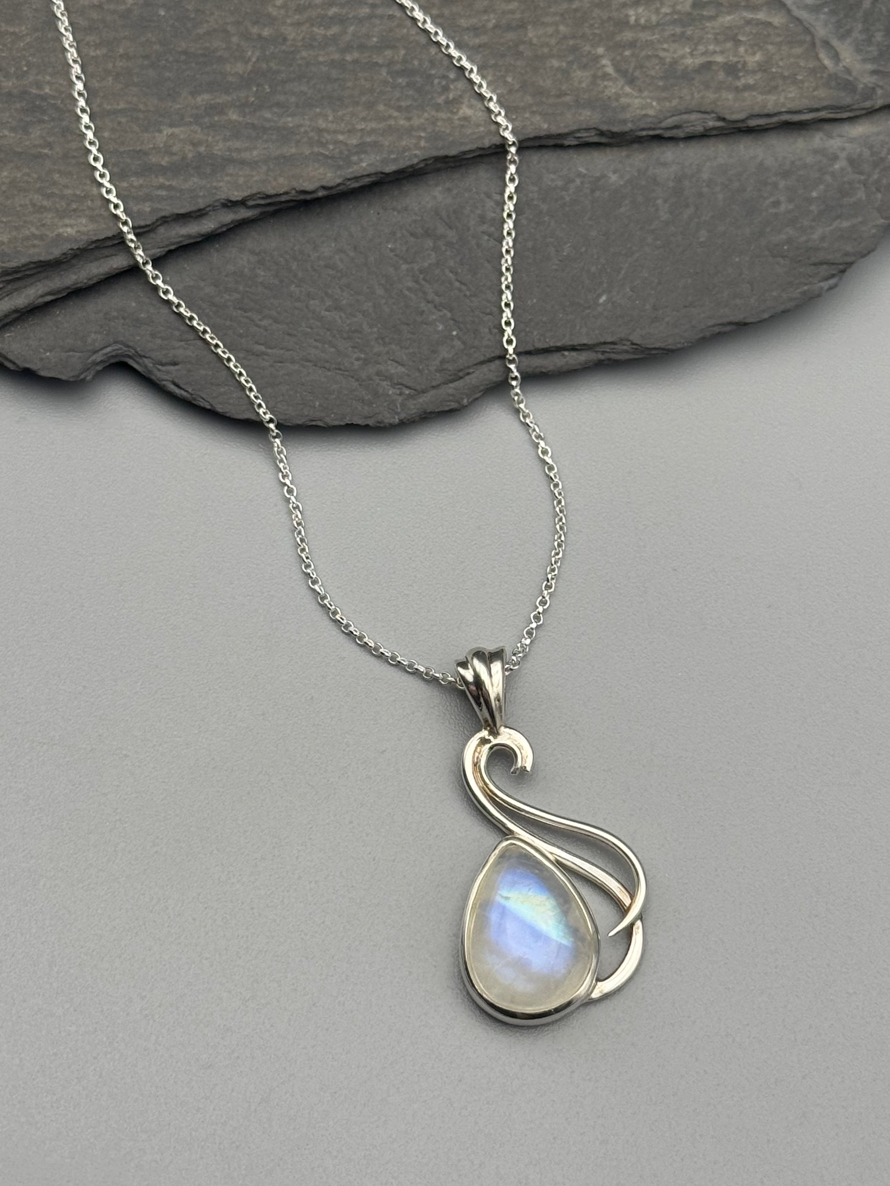 •RAINBOW MOONSTONE TEAR - SMALL FLOURISH• sterling silver necklace (18" long)