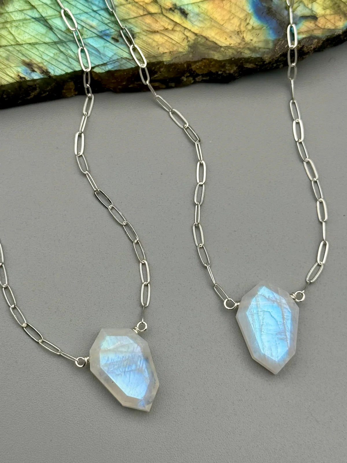 •AEON• rainbow moonstone lil’petal + silver necklace (various lengths)