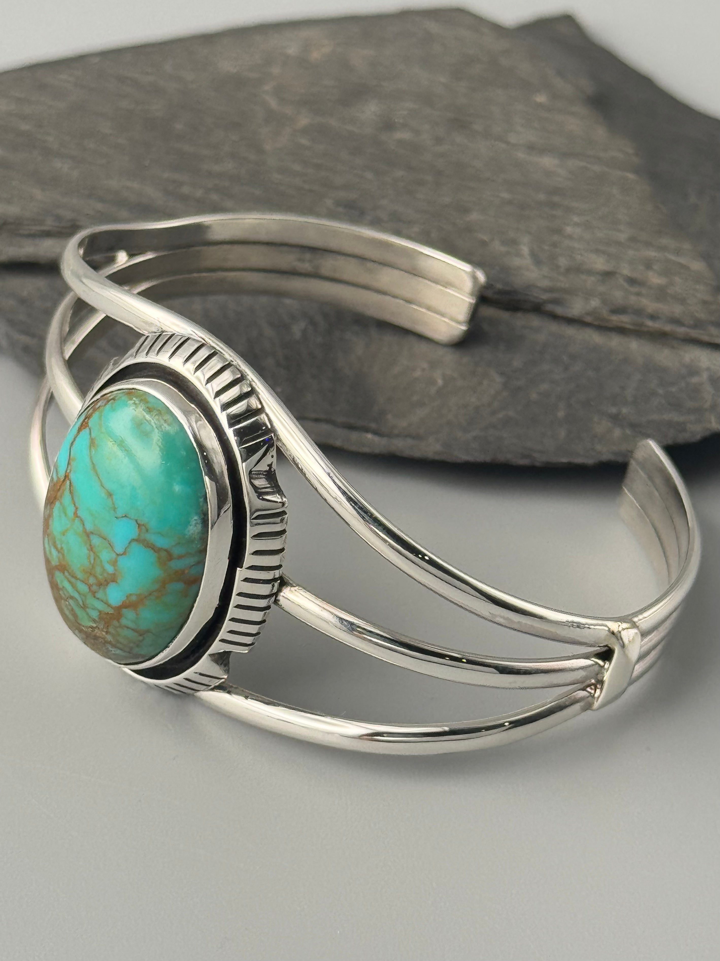 •KINGMAN TURQUOISE - ATSAH• Navajo sterling silver cuff bracelet (6.75" +/-)
