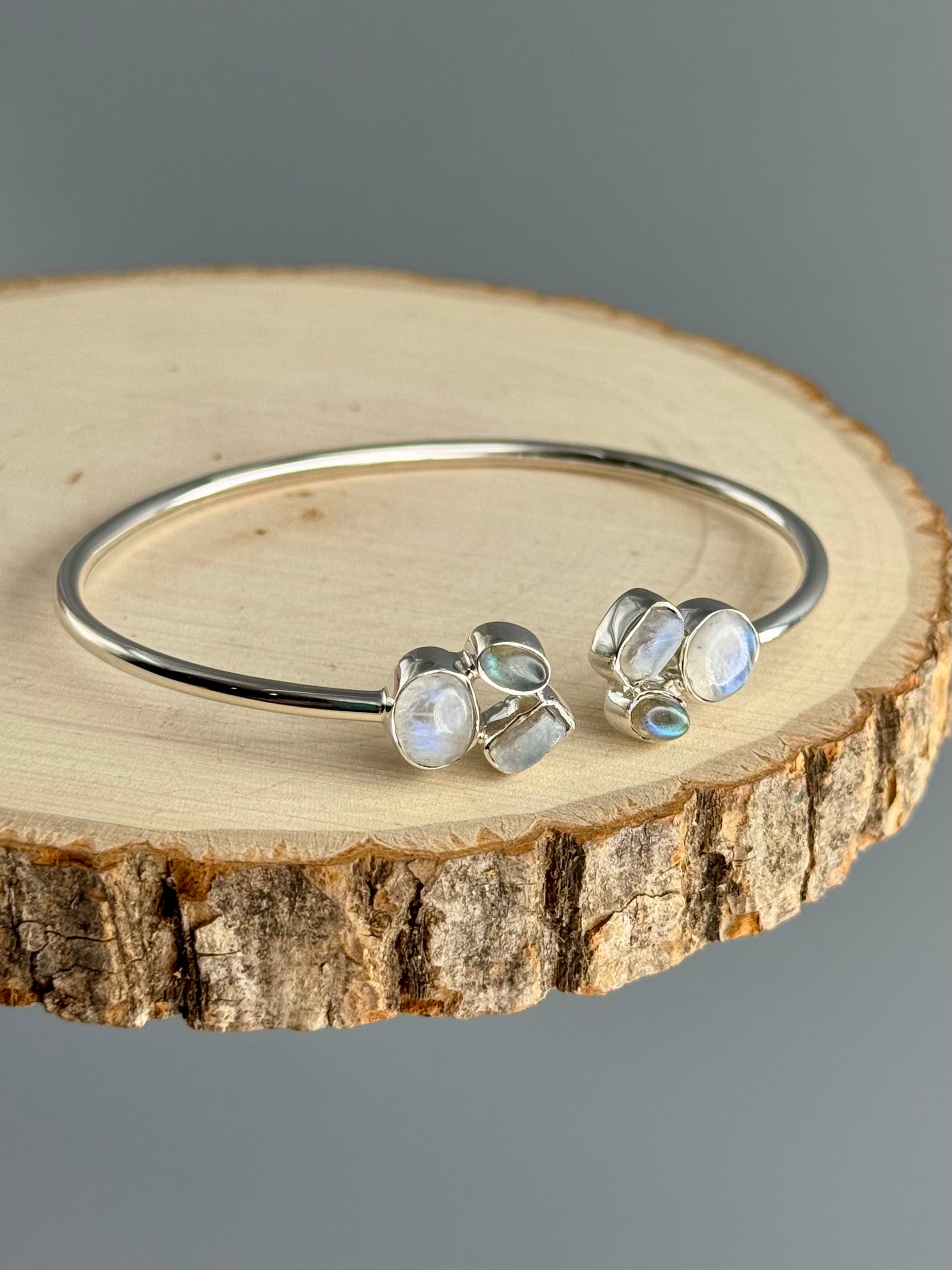 •CLUSTER• rainbow moonstone + labradorite + silver twist-on cuff bracelet