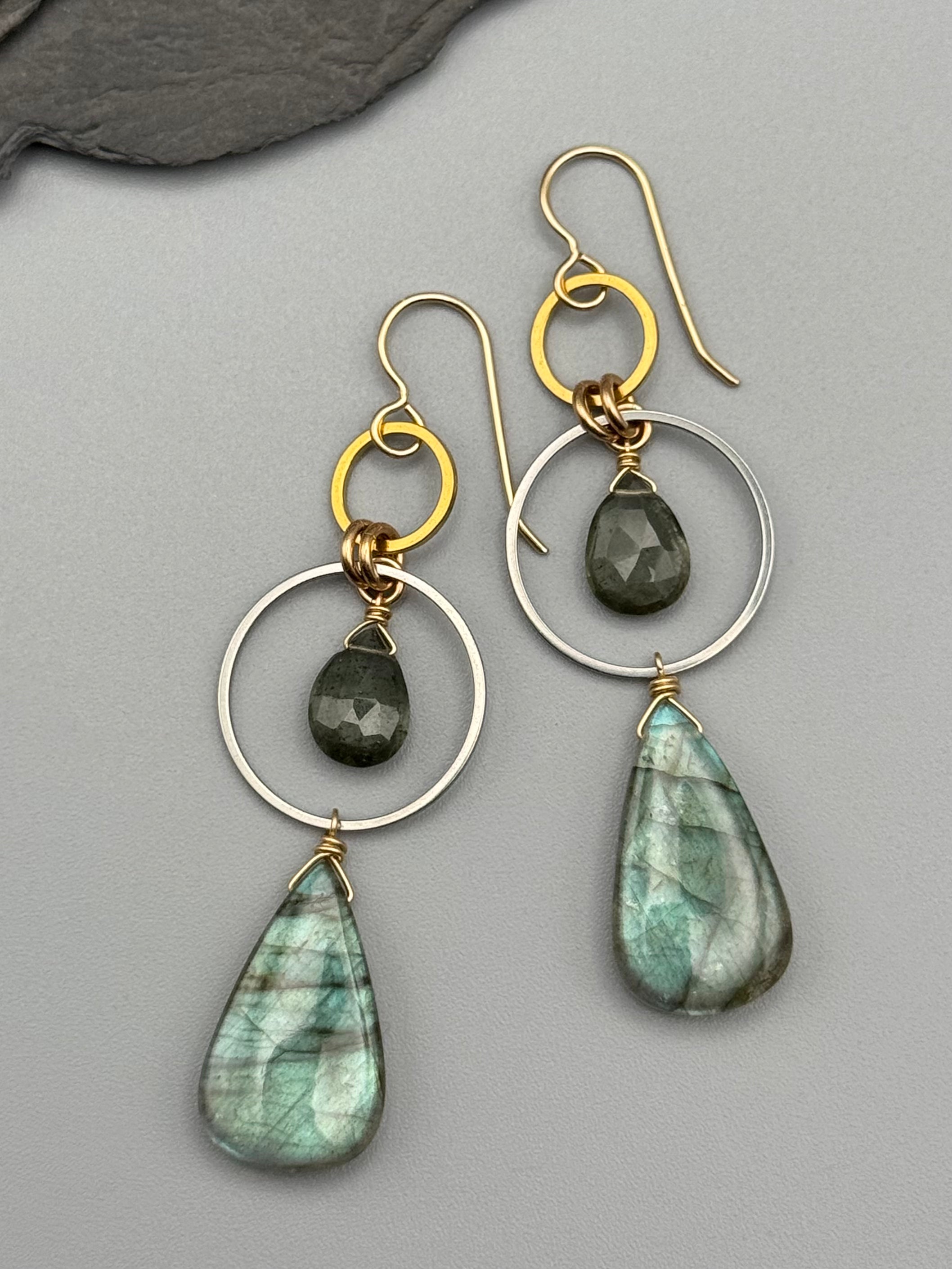 •EQUA-LUNA• moss aquamarine + labradorite mixed metal earrings