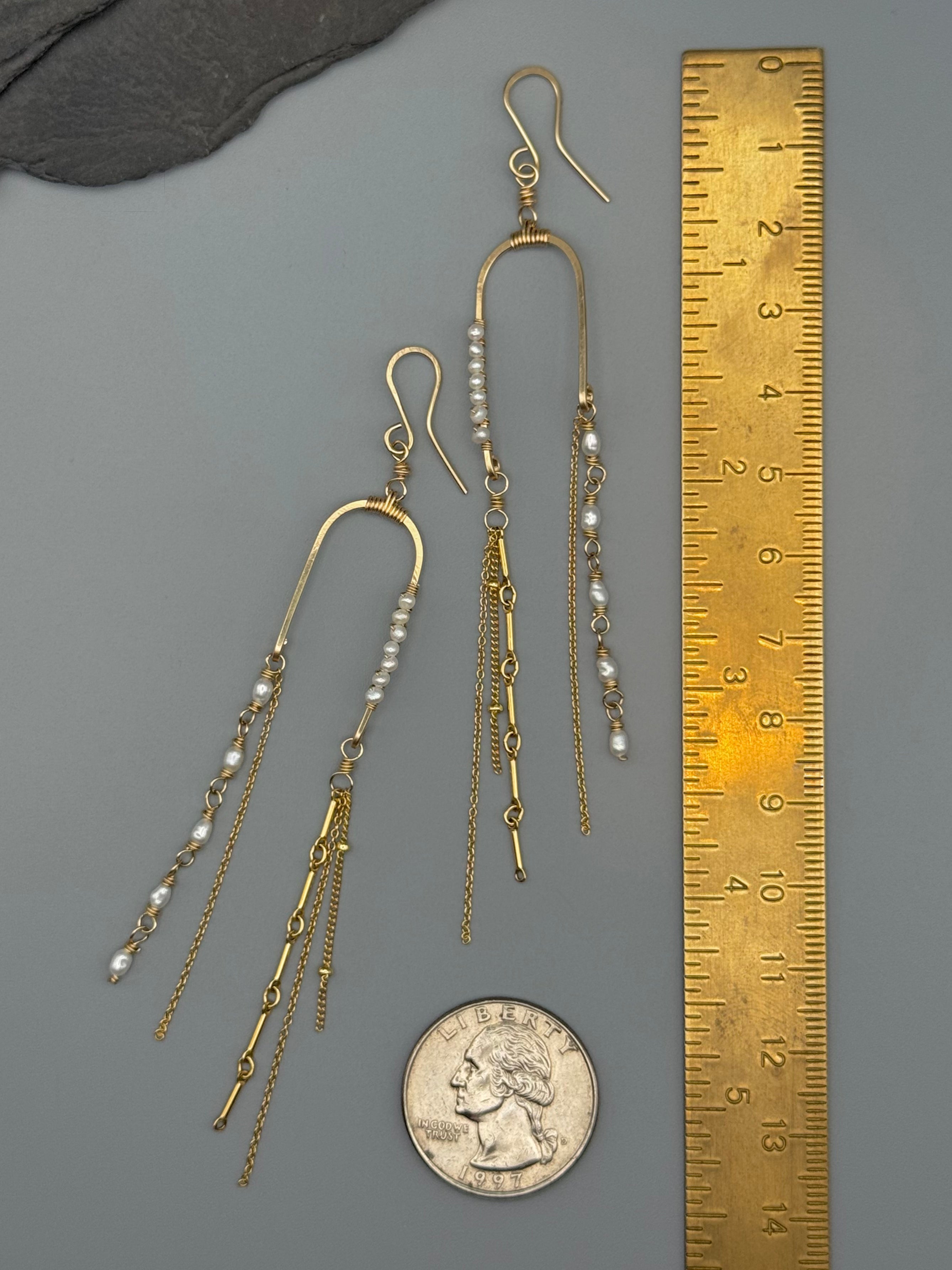 •BALANCING ACT• pearl + gold dangle earrings