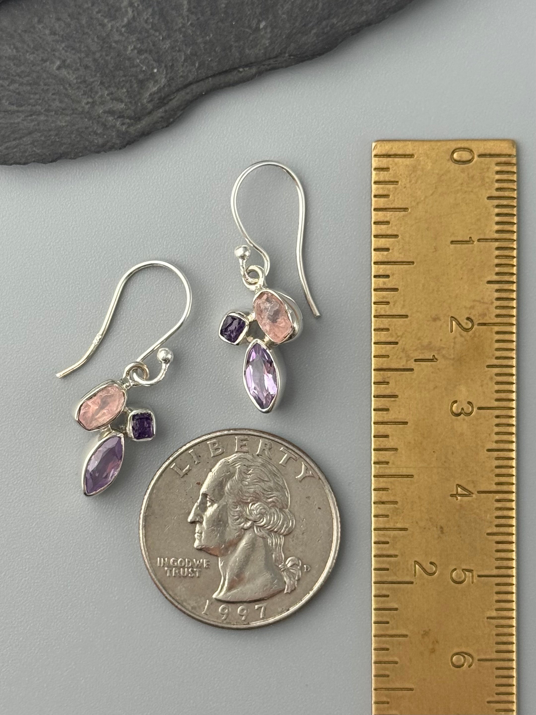 •AMETHYST + ROSE QUARTZ - MARQUISE STACK• silver dangle earrings