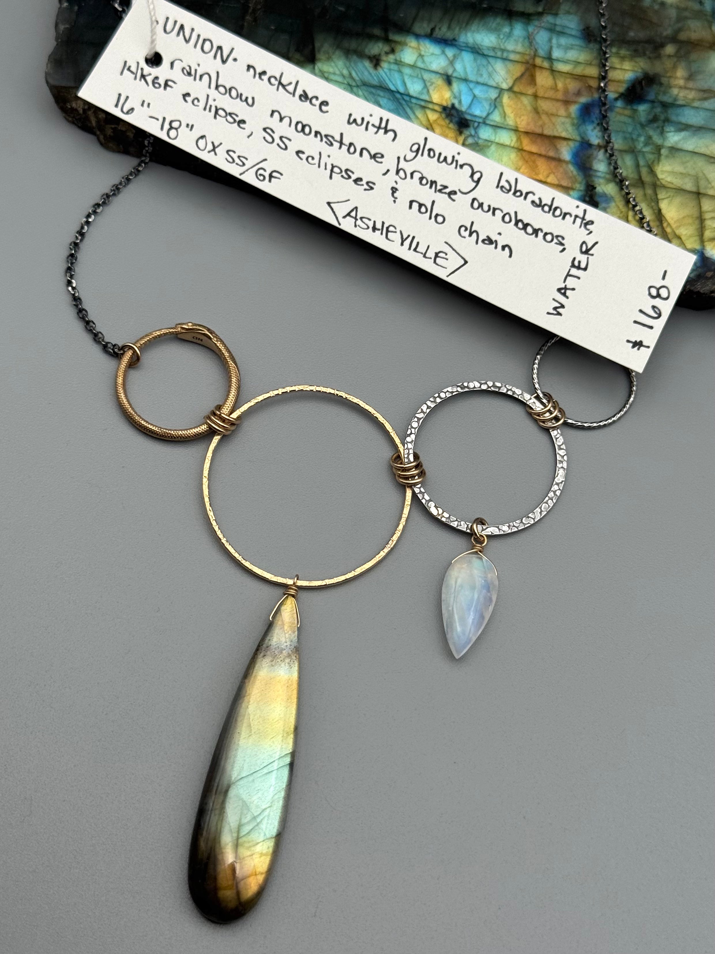 •UNION• labradorite + rainbow moonstone mixed metal necklace (16"-18" long)