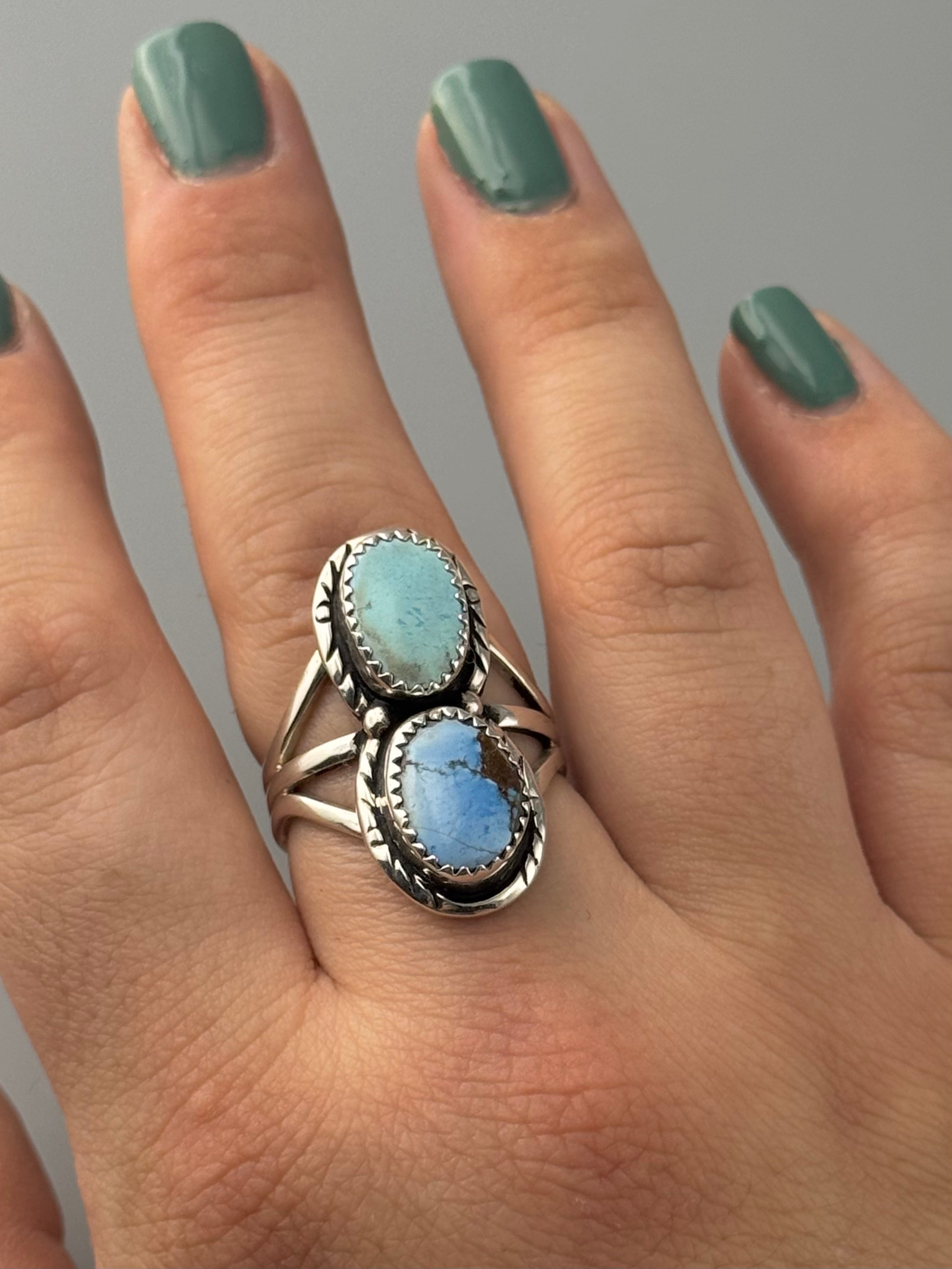 •GOLDEN HILL TURQUOISE - NAAKI - 1• Navajo silver ring (size 9)