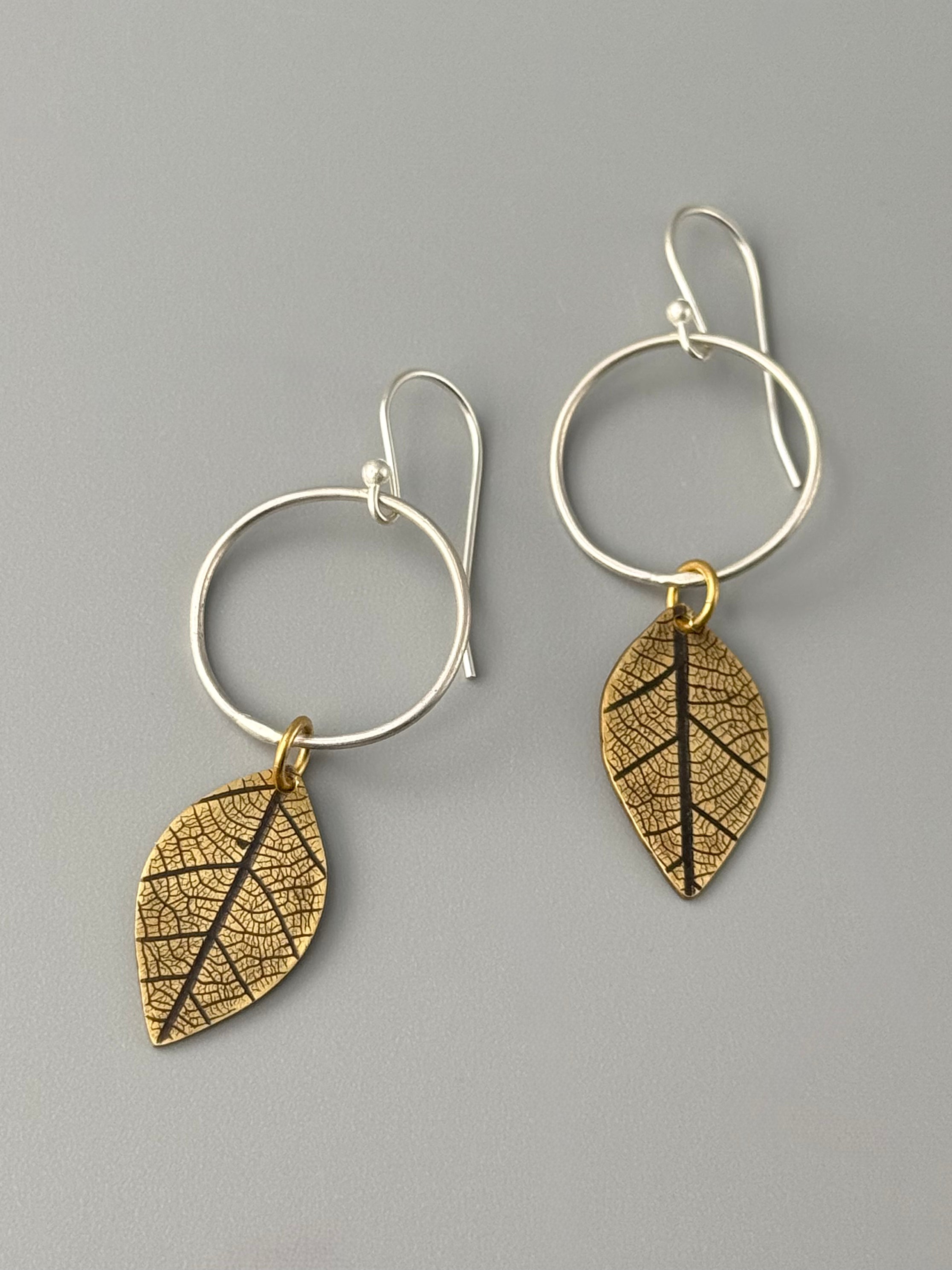 •LEAF MOON• mixed metal dangle earrings