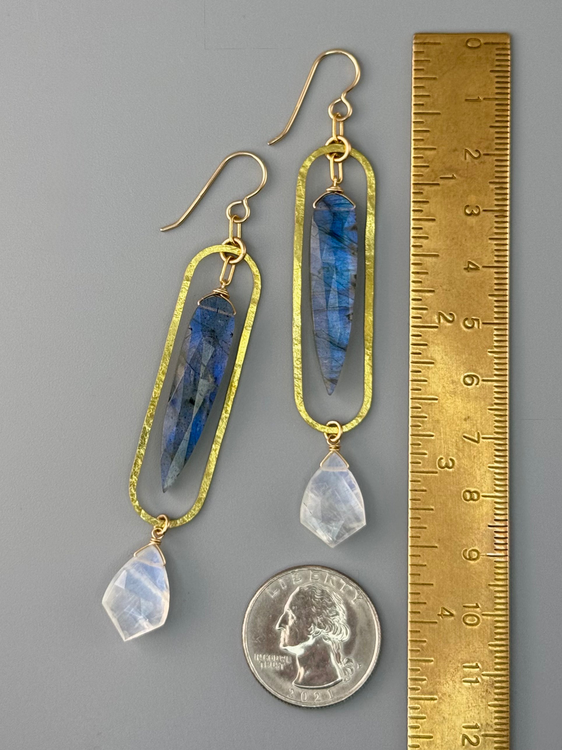 •PENDULUM• labradorite + rainbow moonstone gold earrings