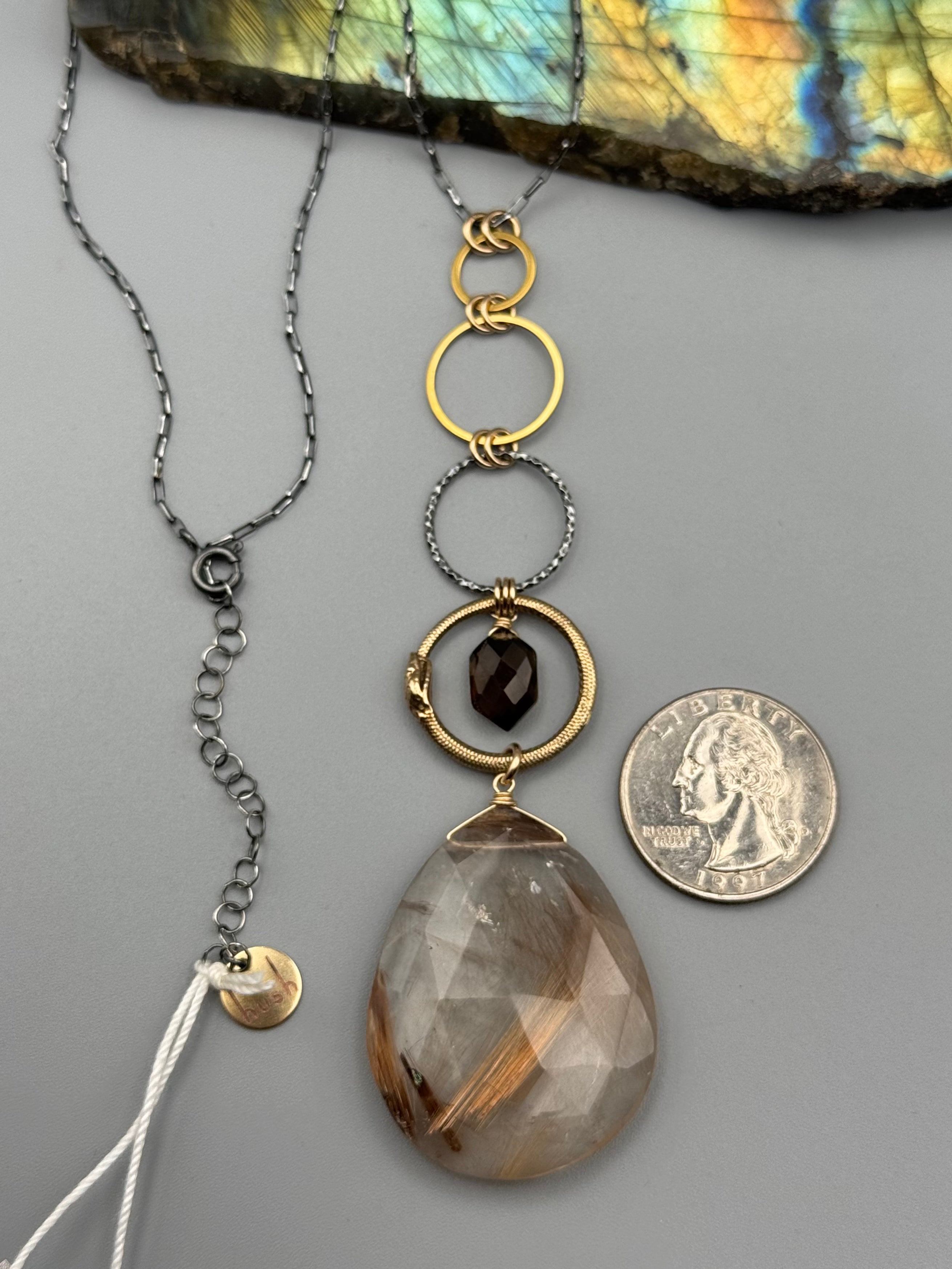 •NĀGA• smoky quartz + rutilated quartz mixed metal necklace (26"-28" long)