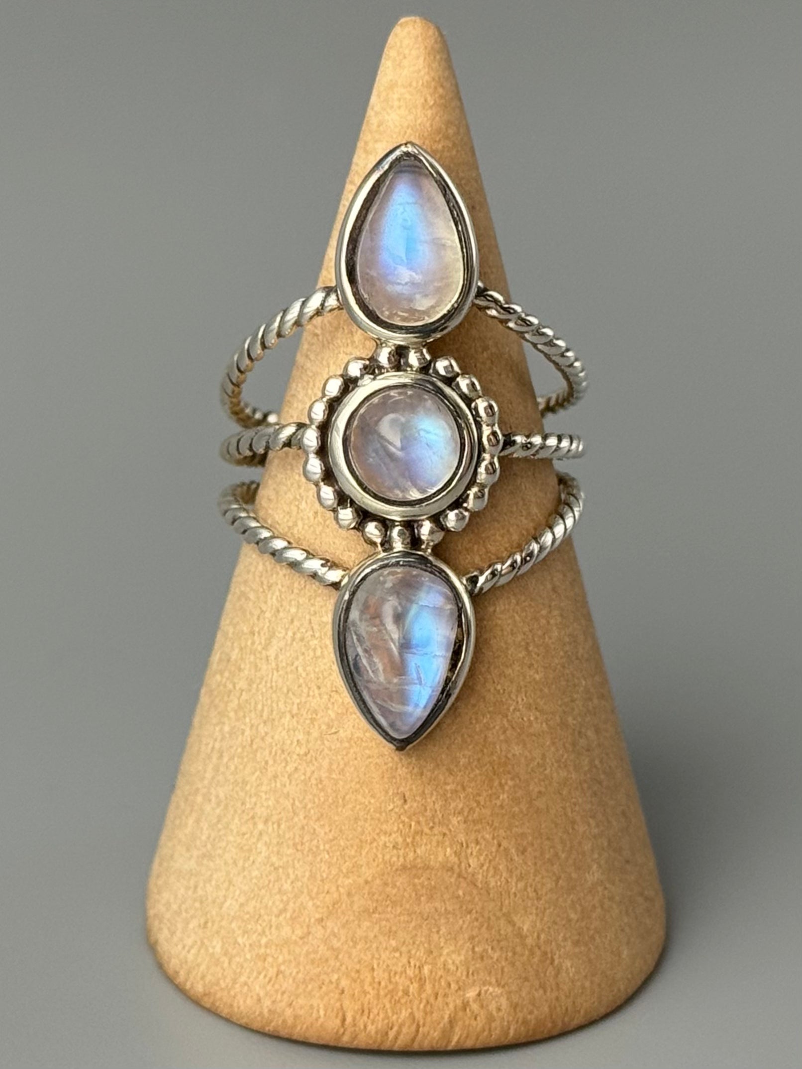 •RAINBOW MOONSTONE - EQUATOR• triple split band silver ring (various sizes)