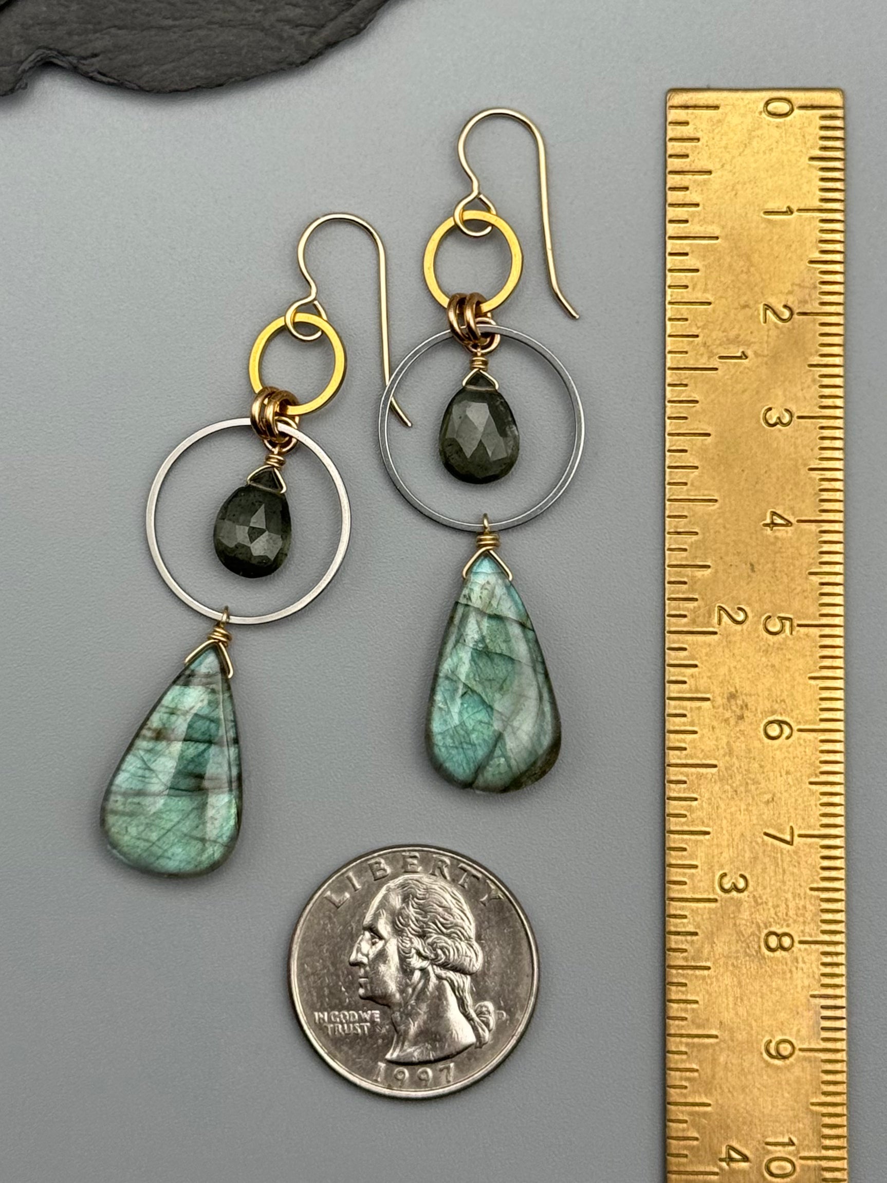 •EQUA-LUNA• moss aquamarine + labradorite mixed metal earrings