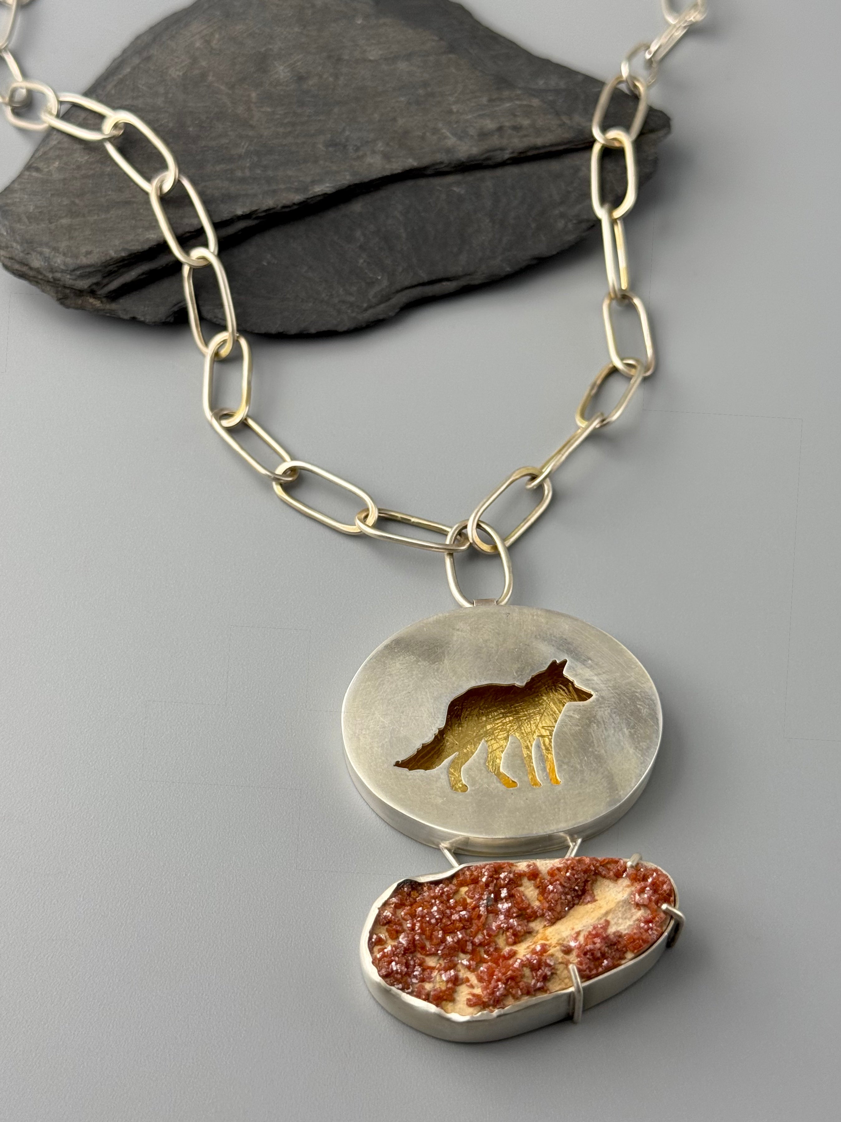 •KEUM-BOO VIXEN• hessonite garnet + mixed metal fox shadowbox necklace (20" long + 3" drop)
