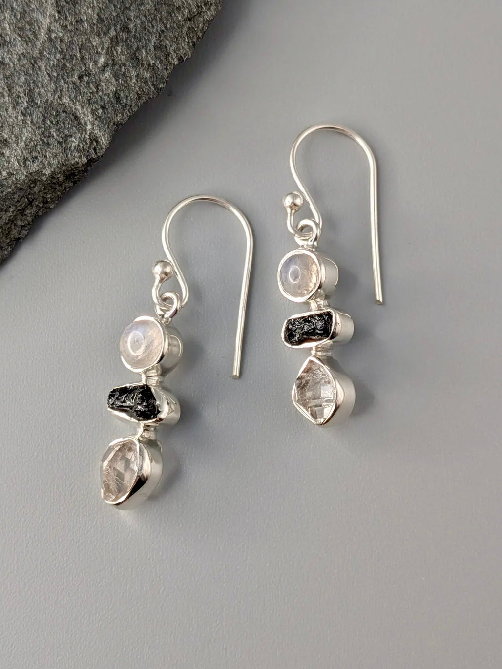 •RAINBOW MOONSTONE + TOURMALINE + HERKIMER• silver dangle earrings