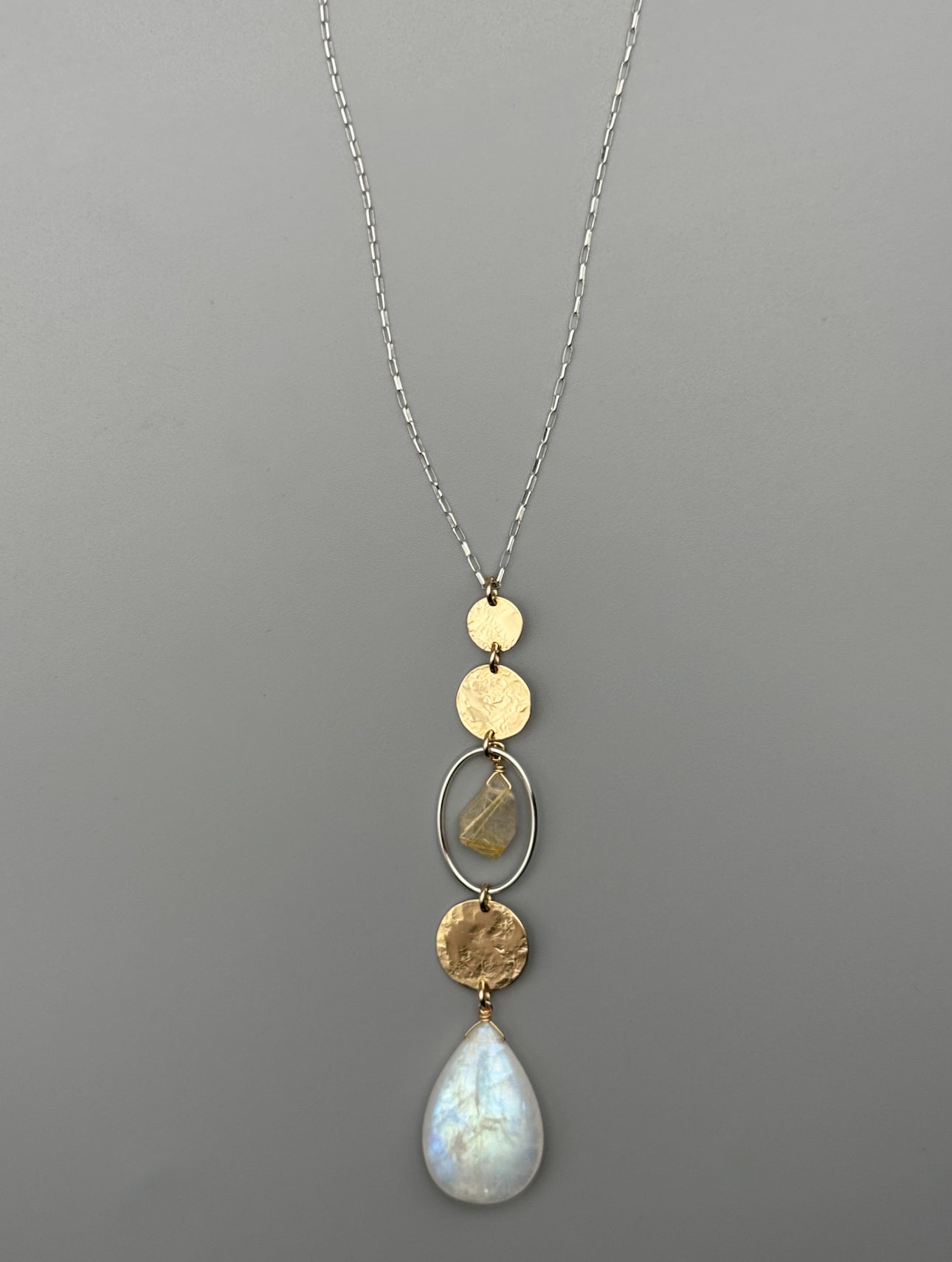 •NYX• rutilated quartz + rainbow moonstone mixed metal necklace (26"-28" long)