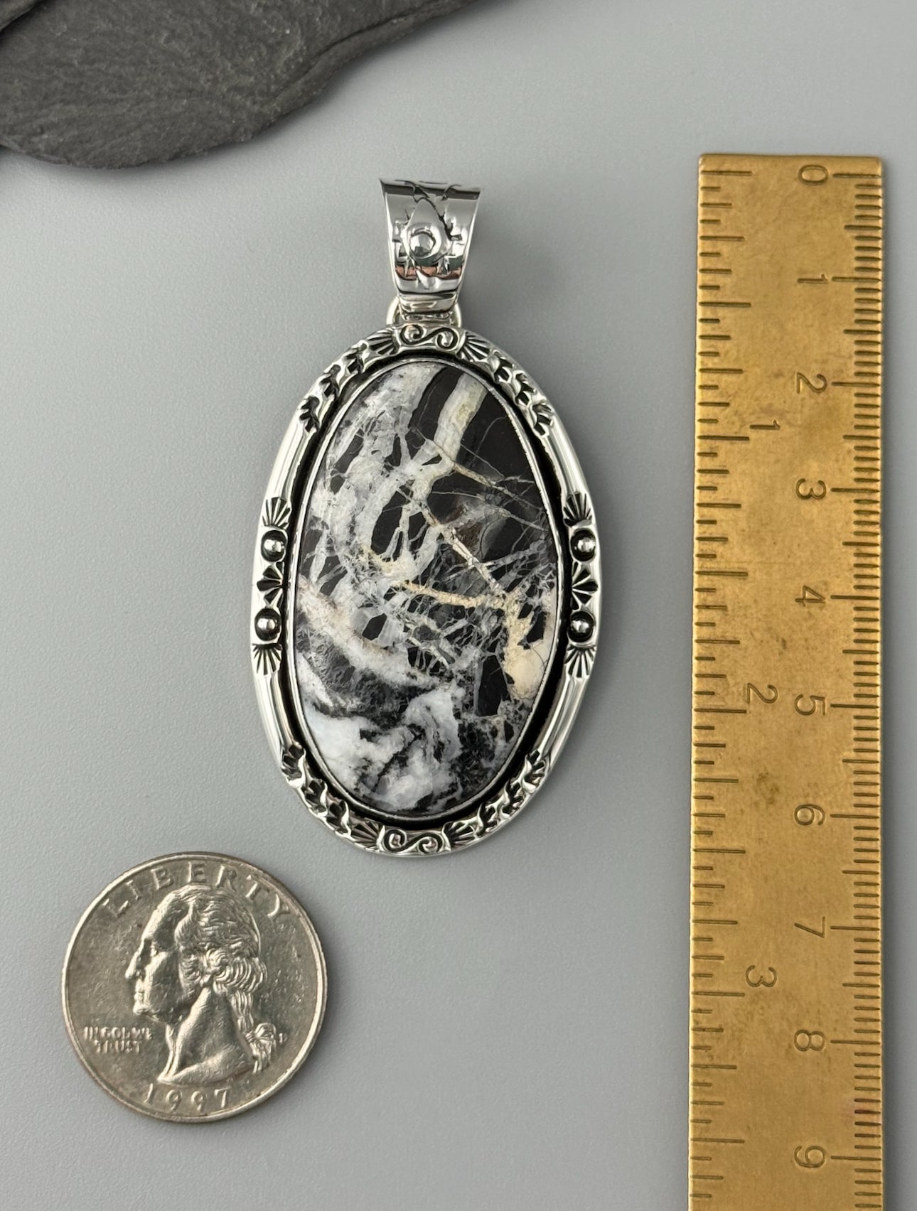 •WHITE BUFFALO TURQUOISE - SUNRAYS• Navajo sterling silver pendant