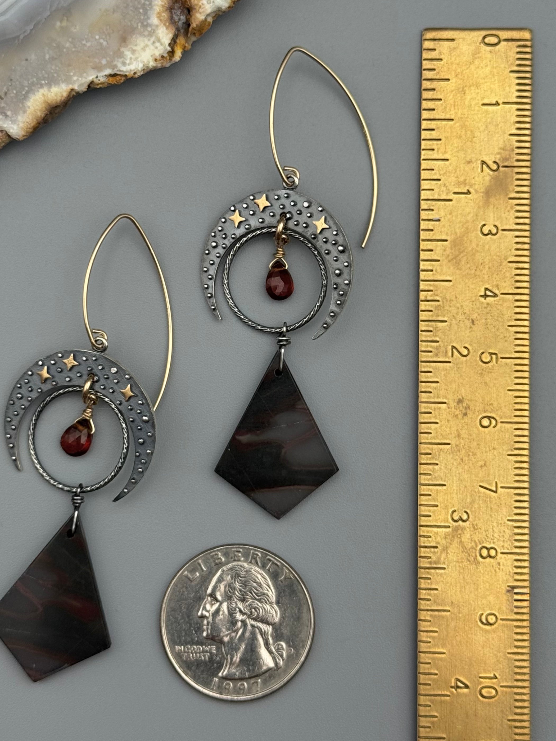 •CELESTIAL LUNA• hessonite garnet + red creek jasper mixed metal earrings