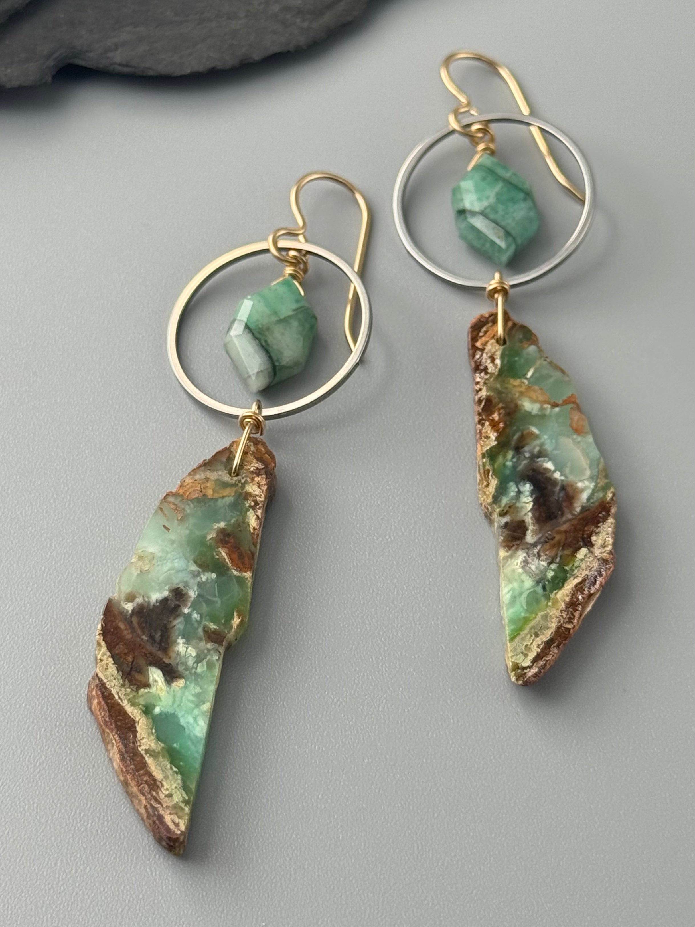 •LUNA• emerald + chrysoprase mixed metal earrings
