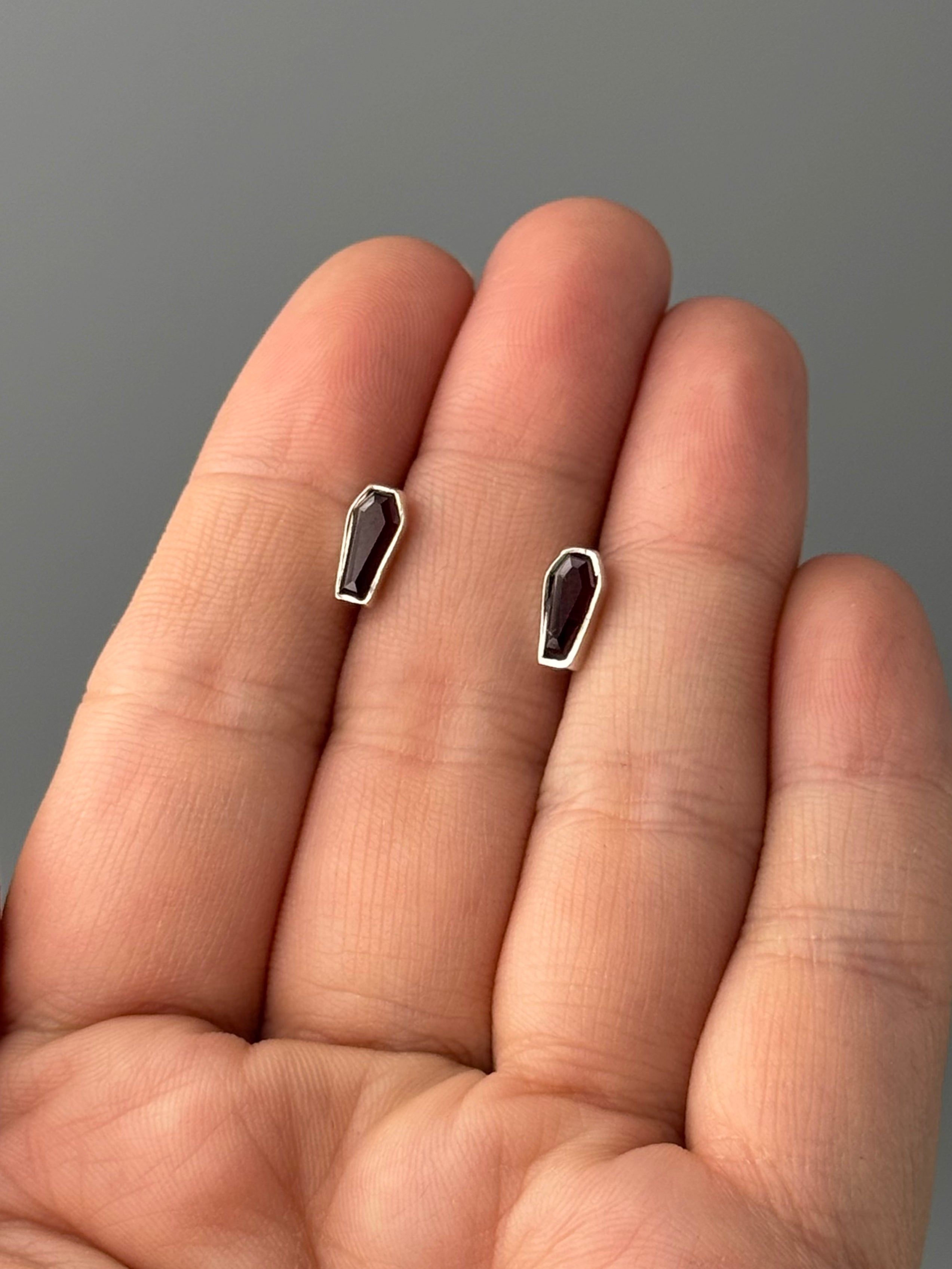 •GARNET - LIL' COFFINS• silver stud earrings