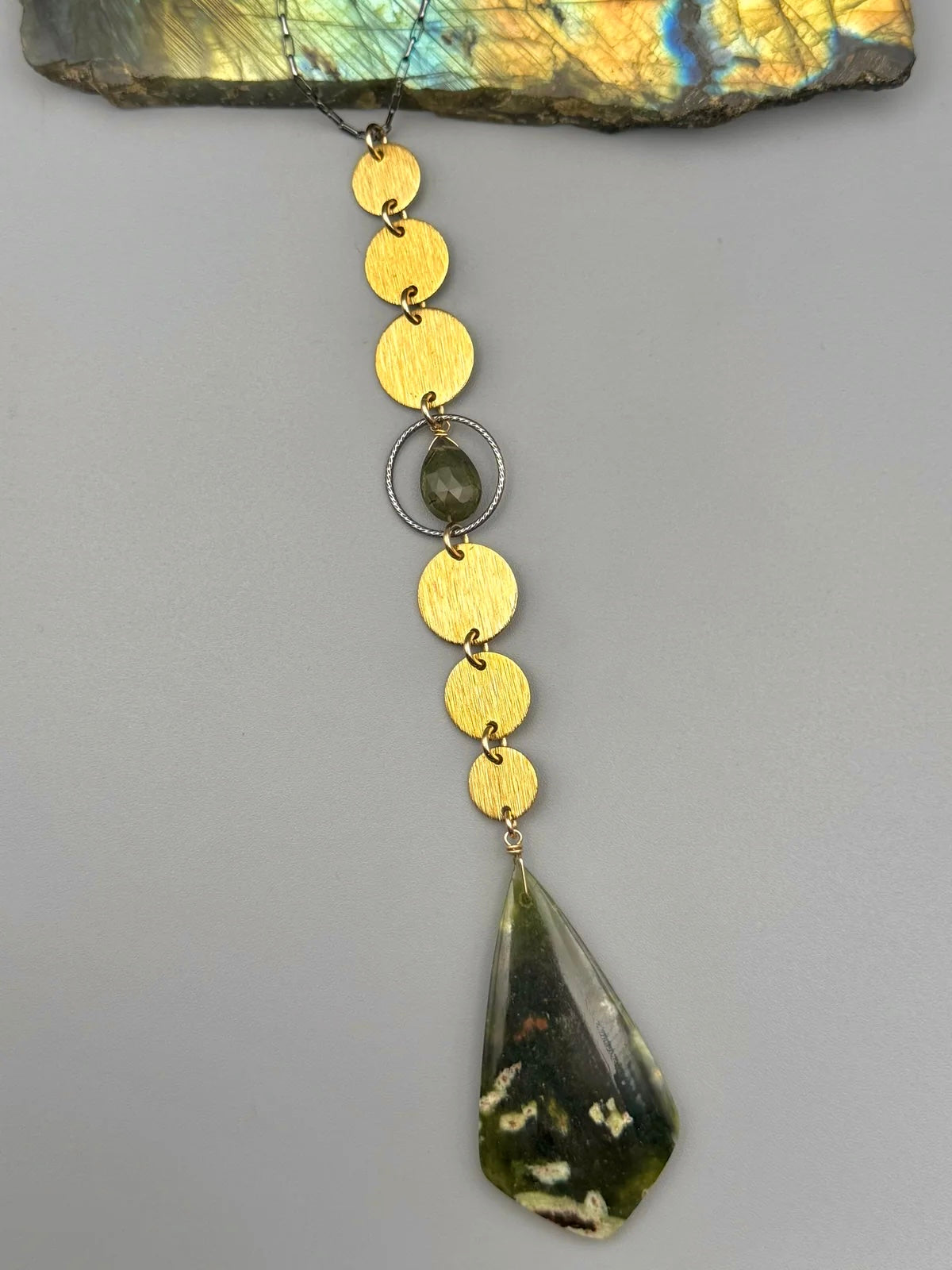 •NYX• chrome chalcedony + moss aquamarine mixed metal necklace (26"-28" long)