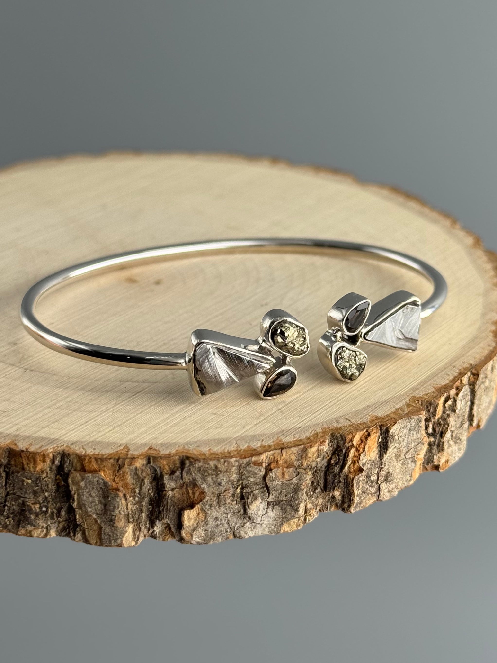 •CLUSTER• meteorite + pyrite + smoky quartz + silver twist-on cuff bracelet