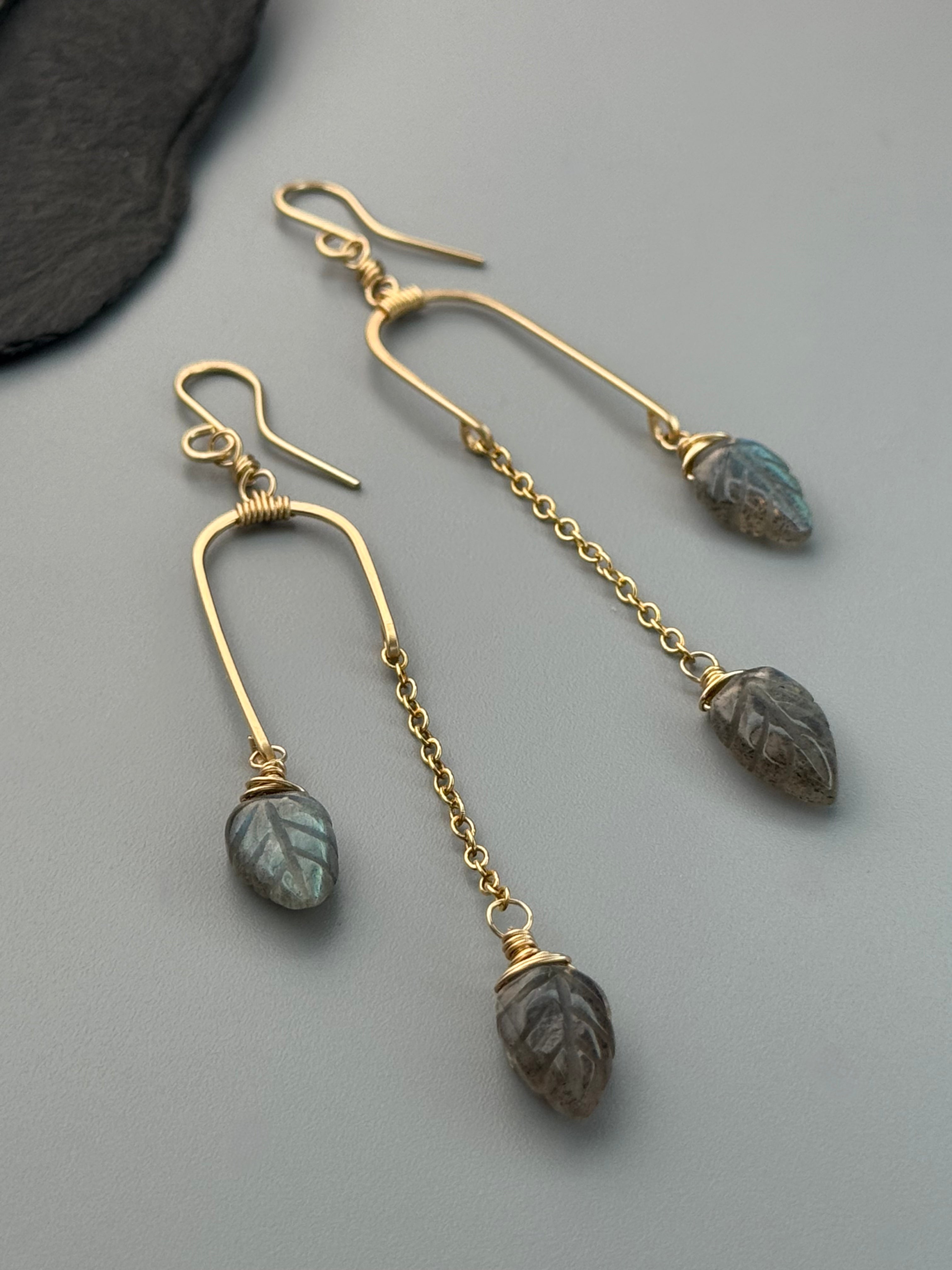 •BALANCING ACT• labradorite leaves + gold dangle earrings