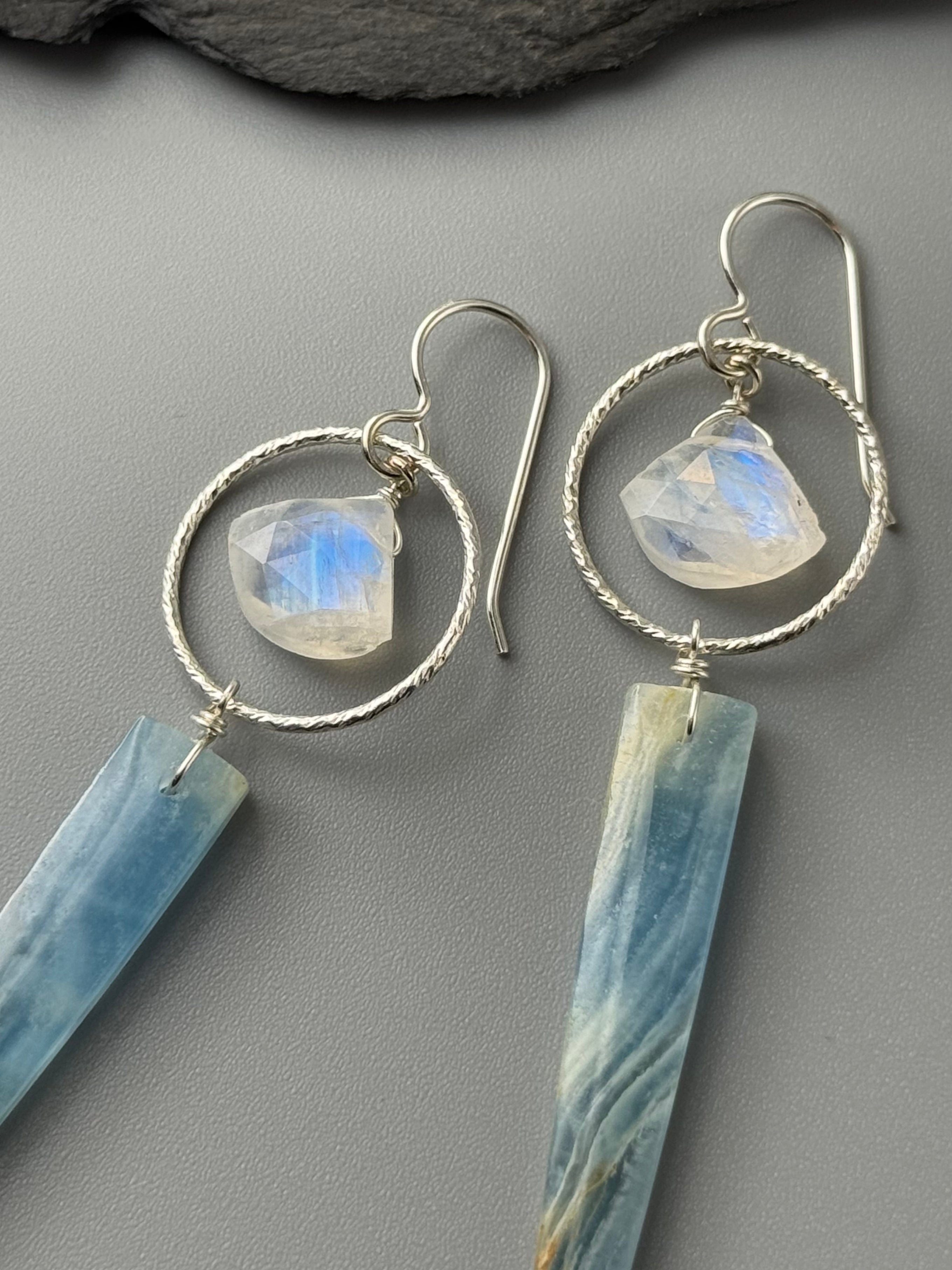 •LUNA• rainbow moonstone + blue calcite silver earrings