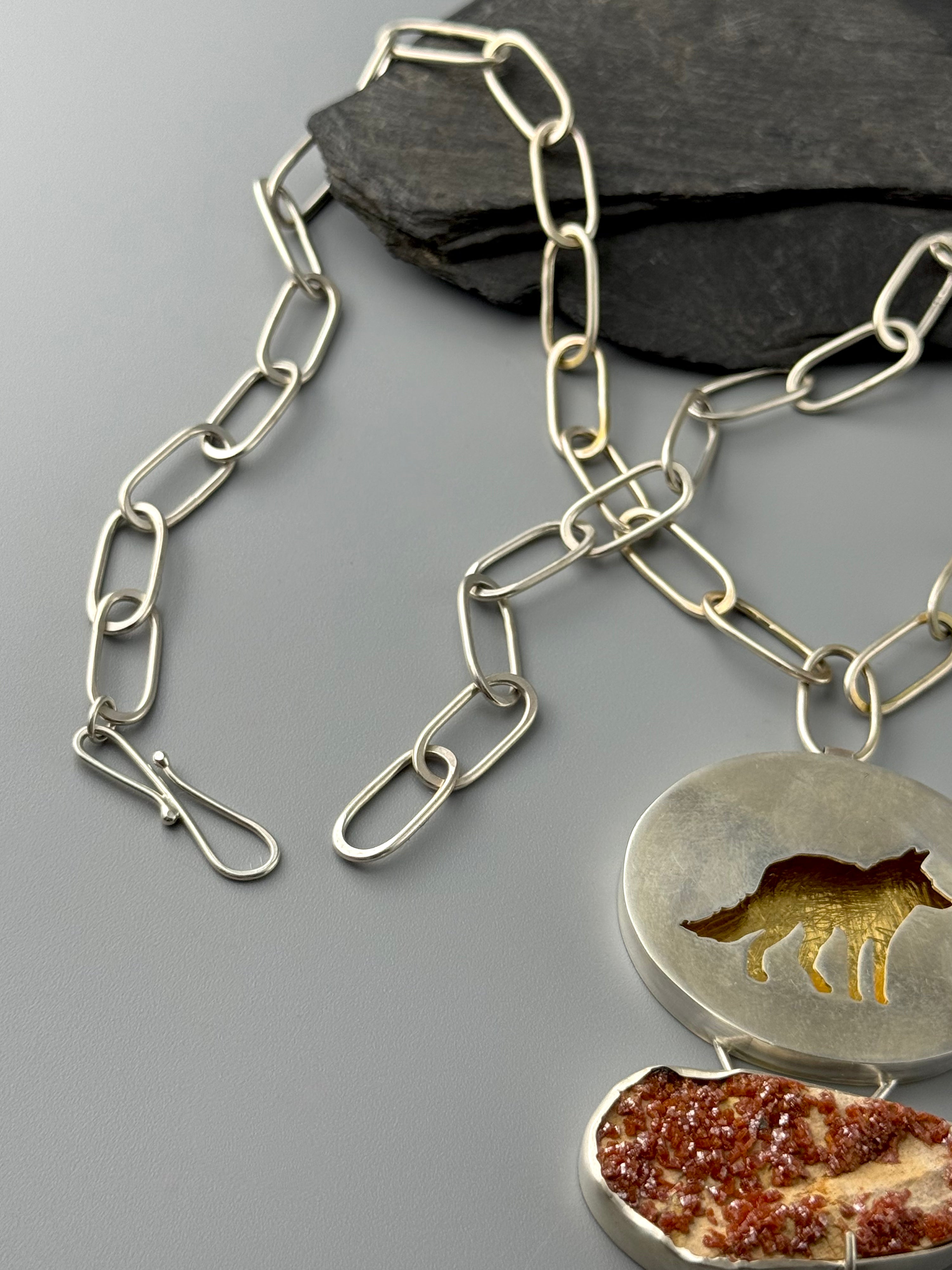 •KEUM-BOO VIXEN• hessonite garnet + mixed metal fox shadowbox necklace (20" long + 3" drop)