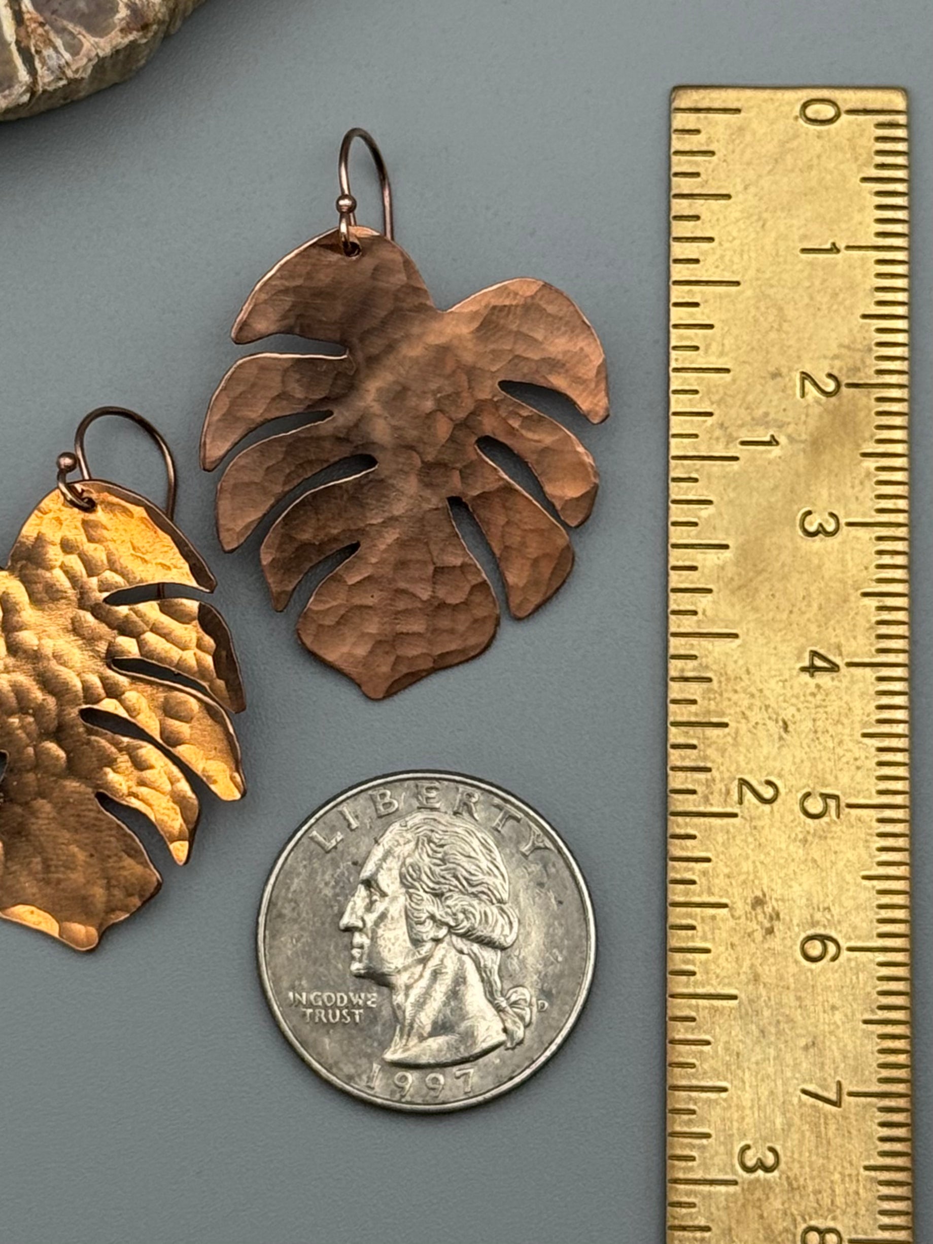 •LIL' MONSTERA• rose gold leaf dangle earrings