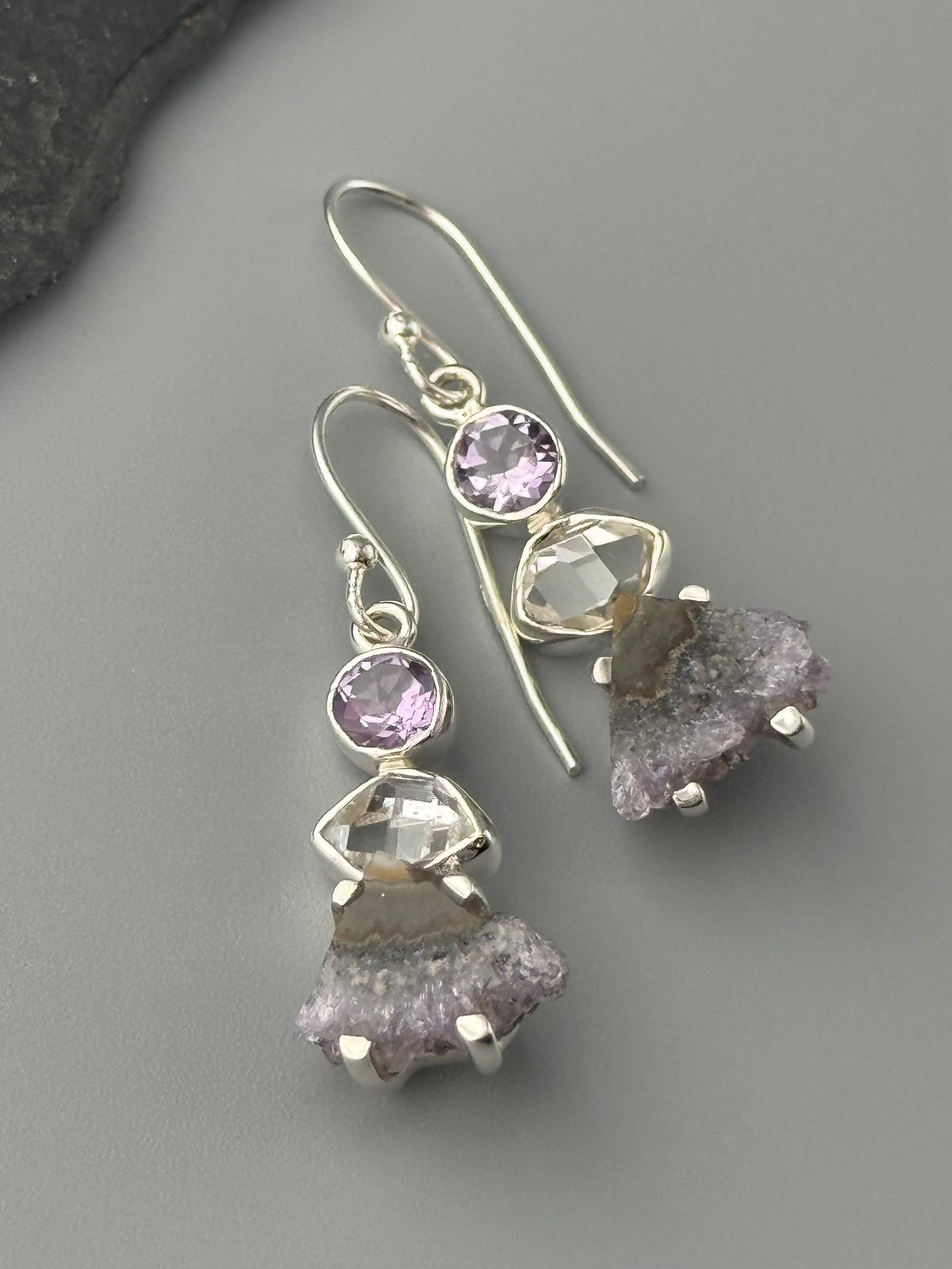 •AMETHYST + HERKIMER DIAMOND - TRIANGLE STACK• silver dangle earrings