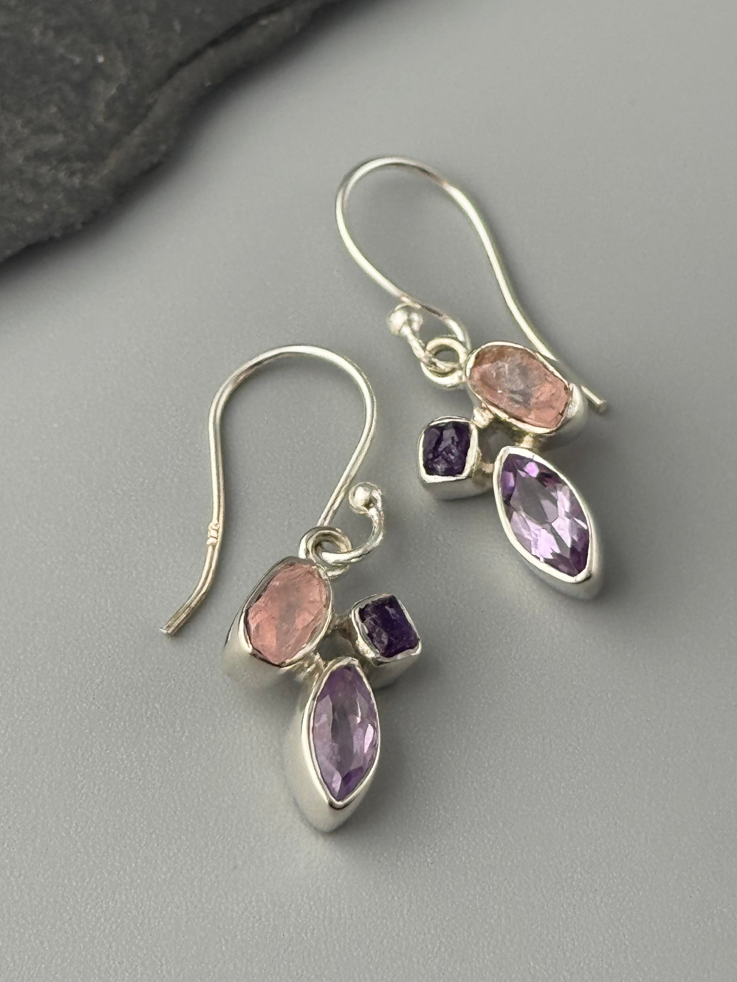 •AMETHYST + ROSE QUARTZ - MARQUISE STACK• silver dangle earrings