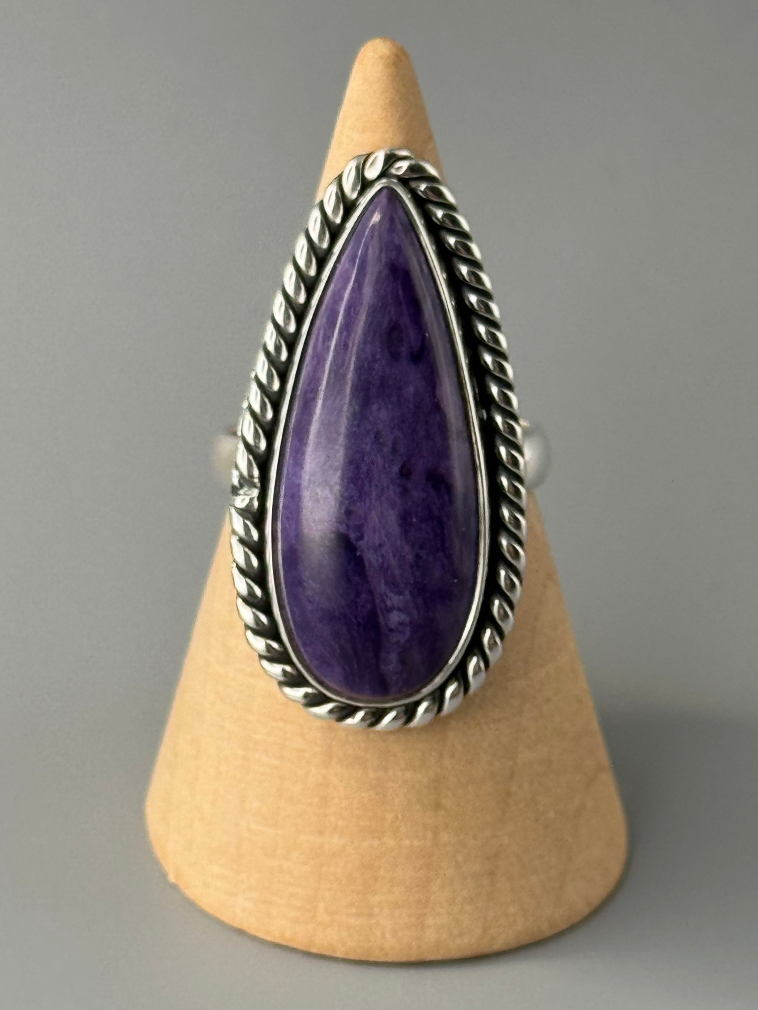 •CHAROITE - TEAR• roped bezel silver ring (size 8)