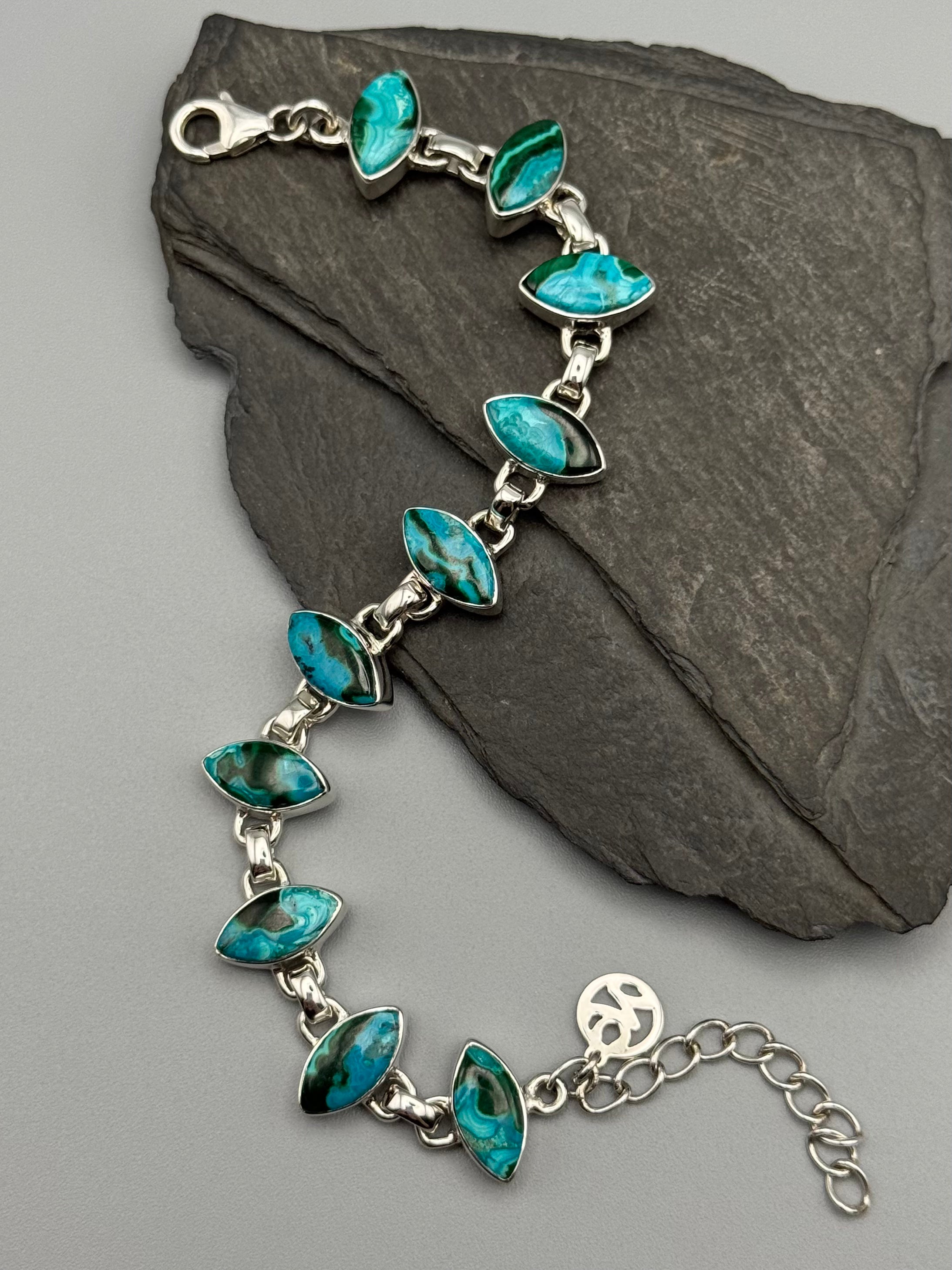 •MALACHITE CHRYSOCOLLA - MARQUISE• linked silver bracelet (6.5" - 7.75")