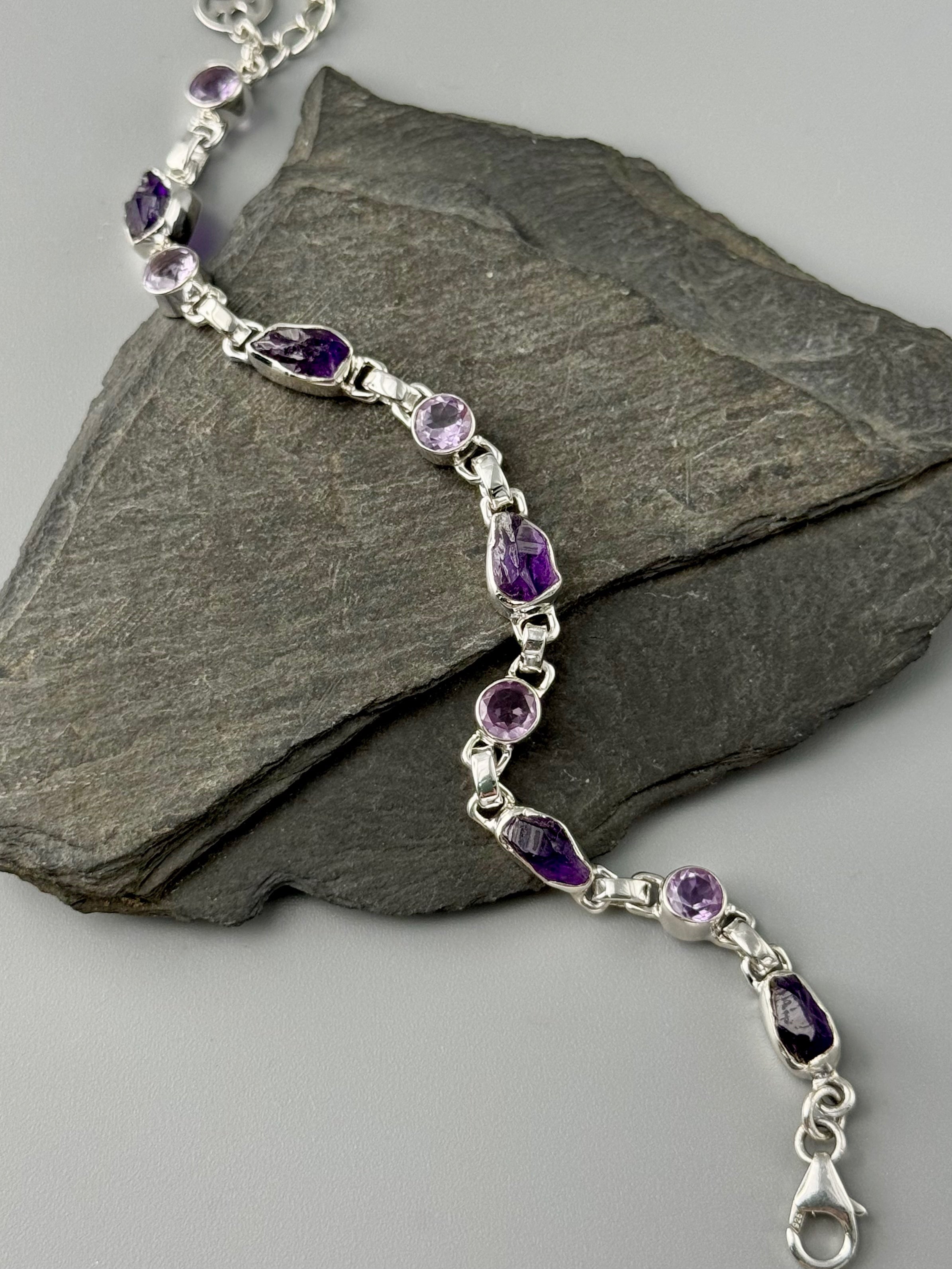 •AMETHYST - FACETED + ORGANIC• linked silver bracelet (6.75" - 8")