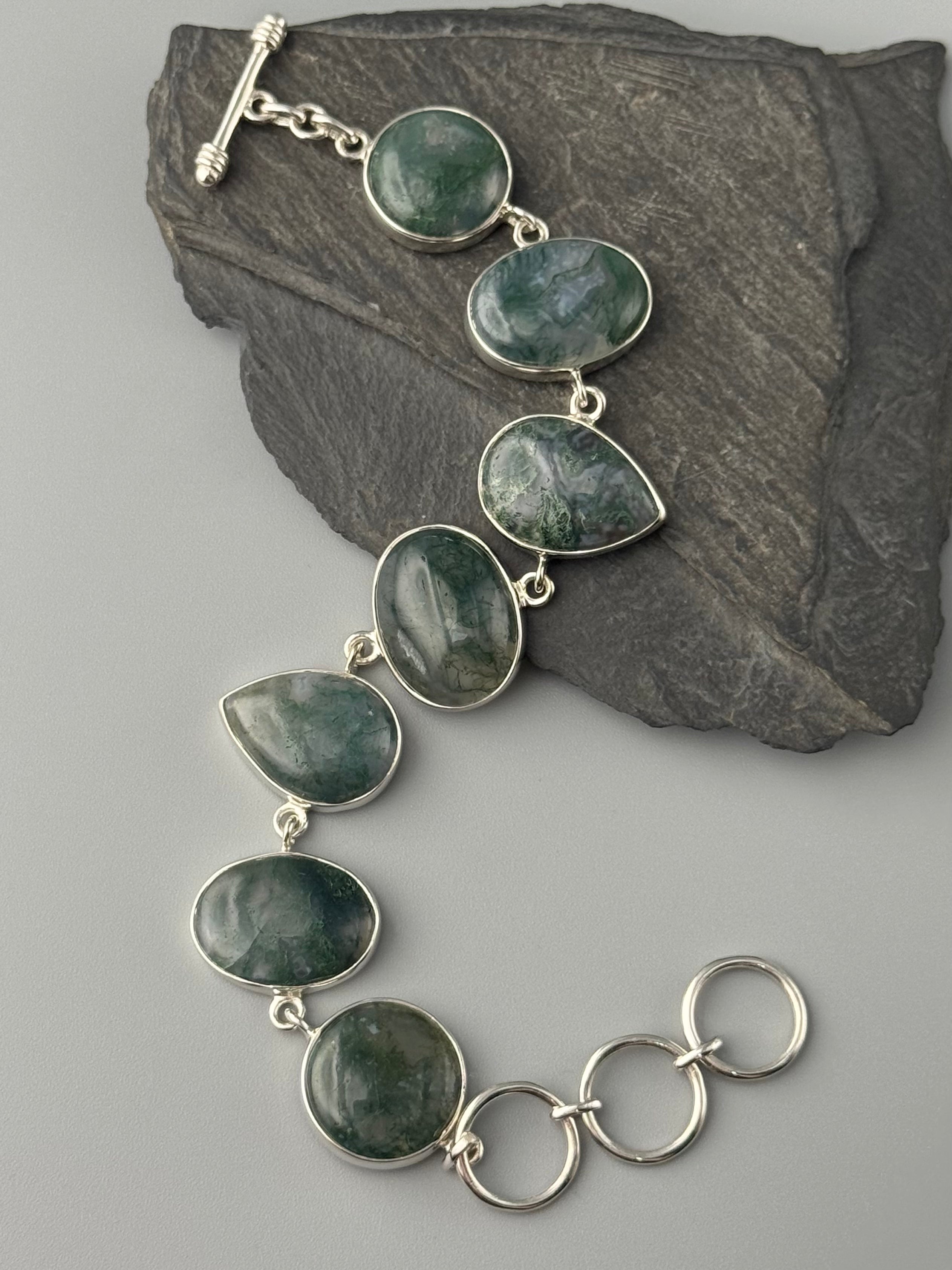 •MOSS AGATE - GEO MIX• linked silver bracelet (6.75" - 8")