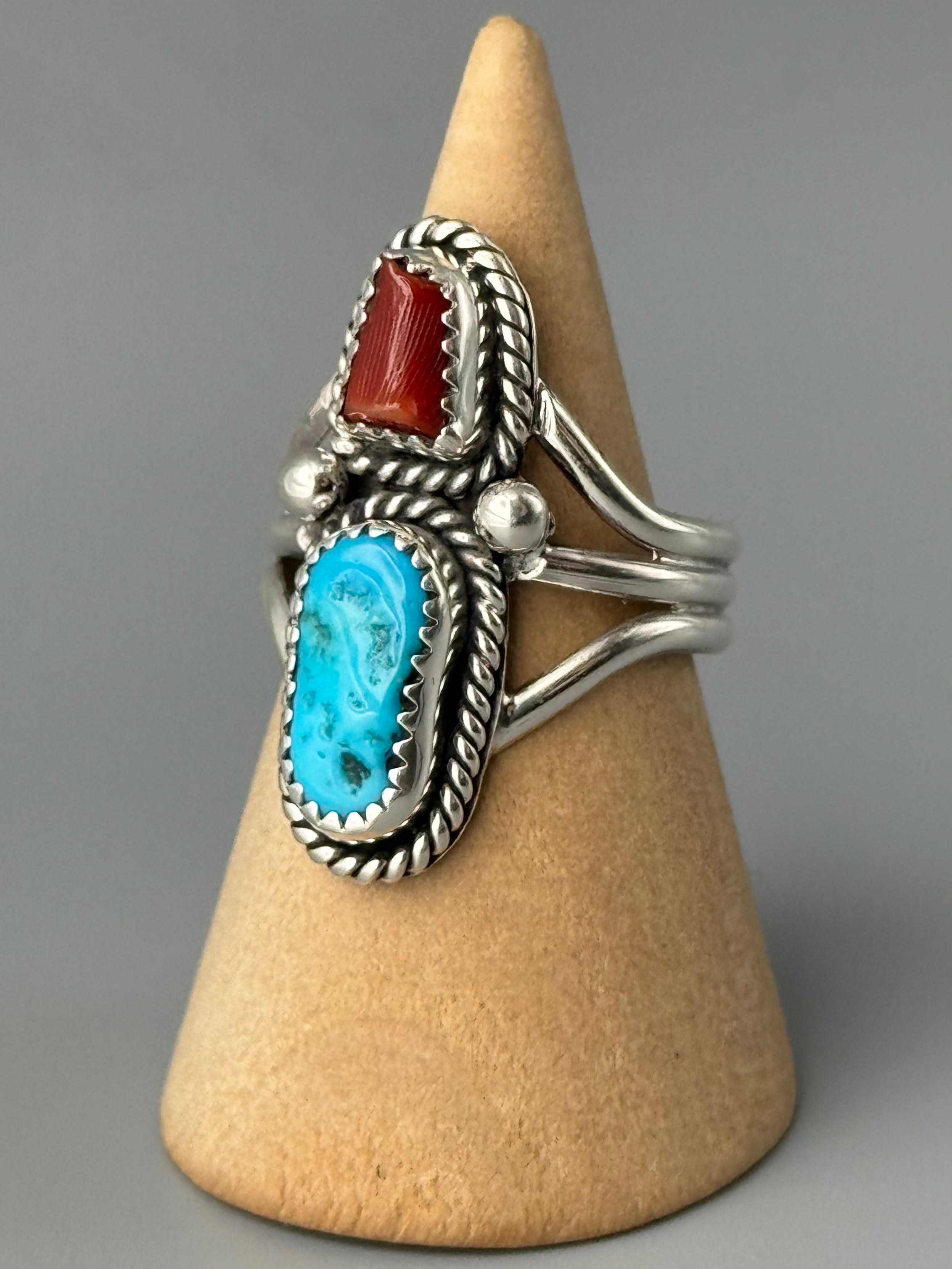 •KINGMAN TURQUOISE & CORAL - NAAKI• Navajo silver ring (size 9.25)