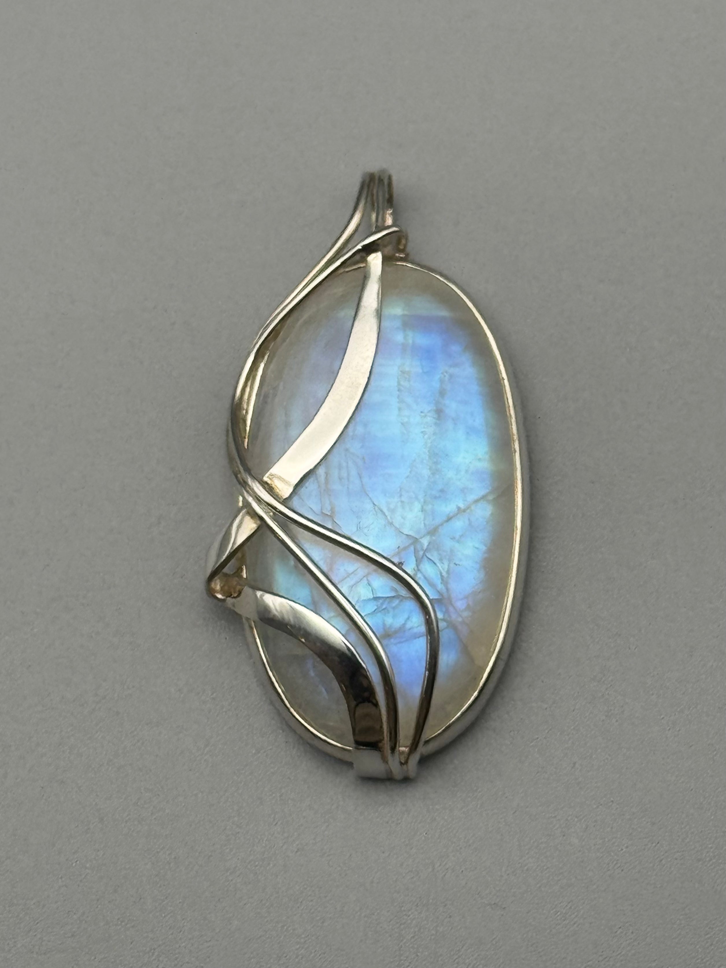 •RAINBOW MOONSTONE - WIRE WRAPPED OVAL• sterling silver pendant