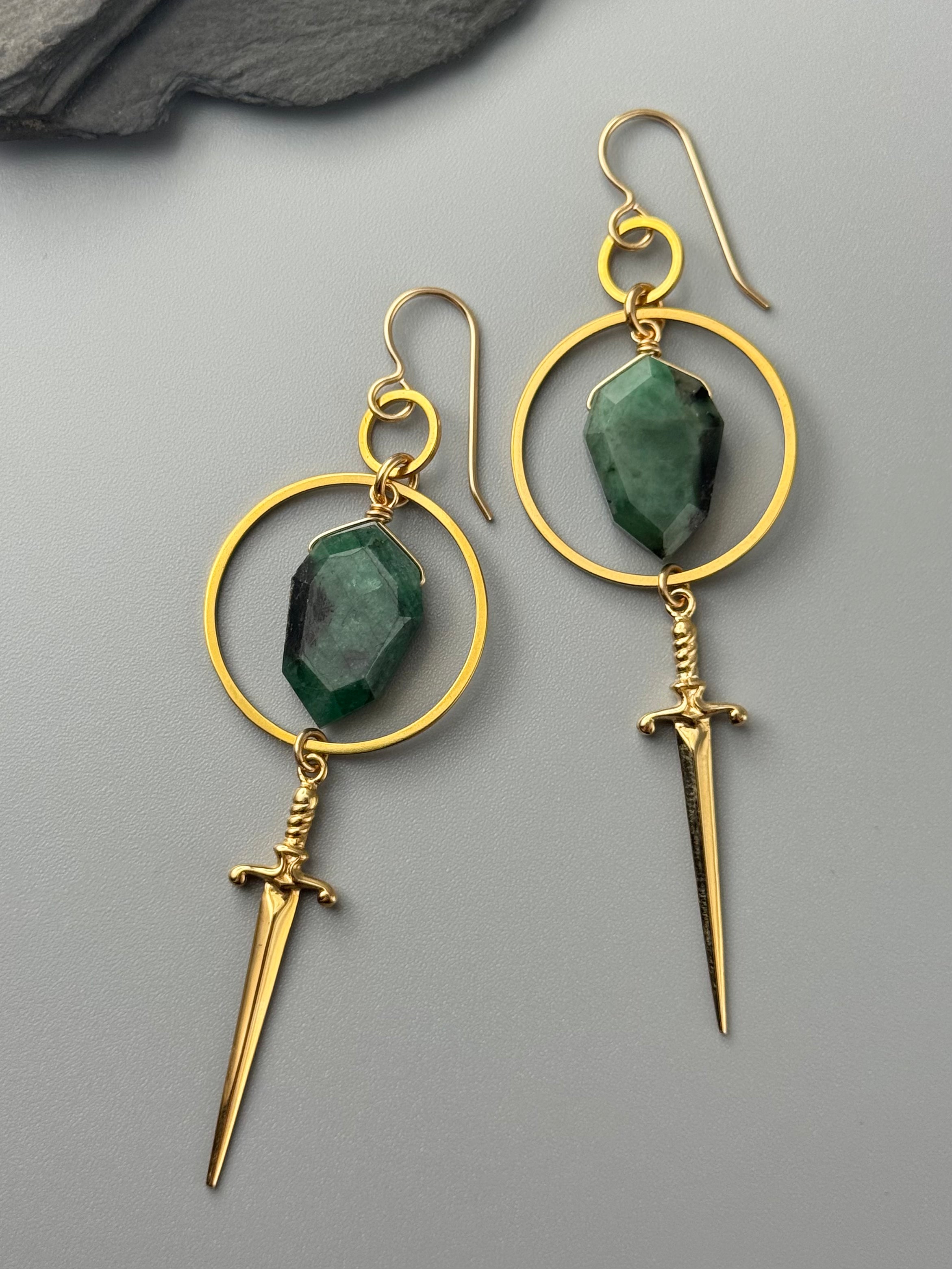 •DAGGER DUEL• emerald + gold earrings