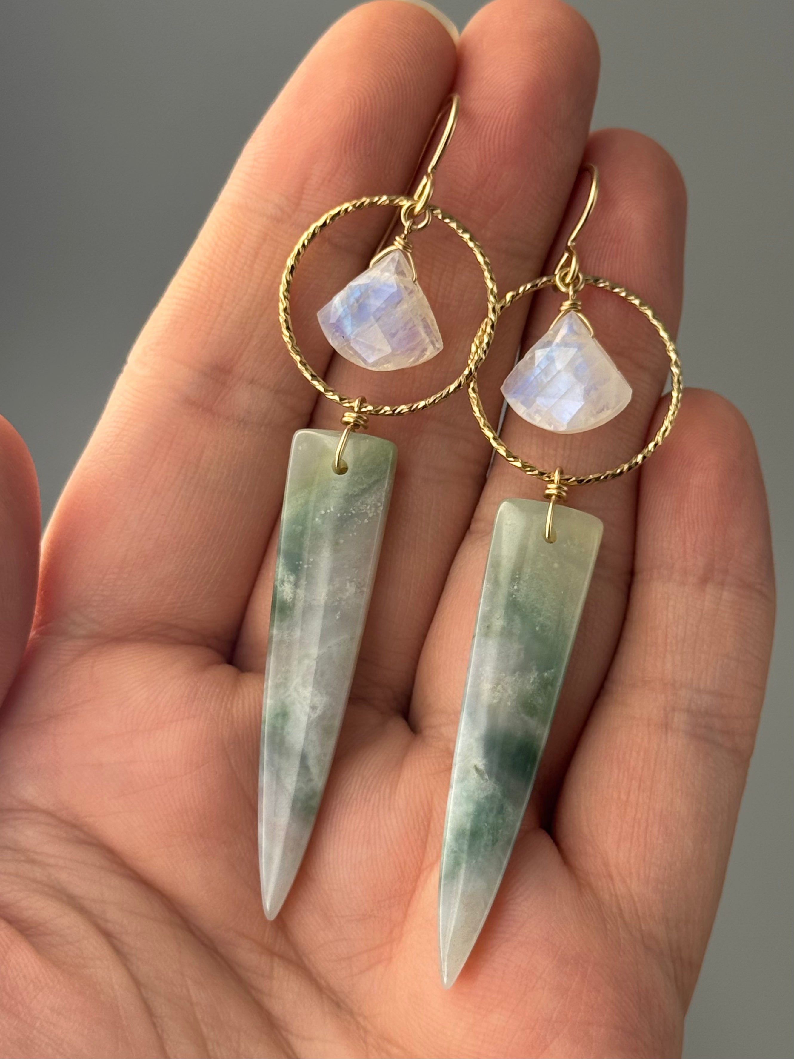 •LUNA• rainbow moonstone + jade gold earrings