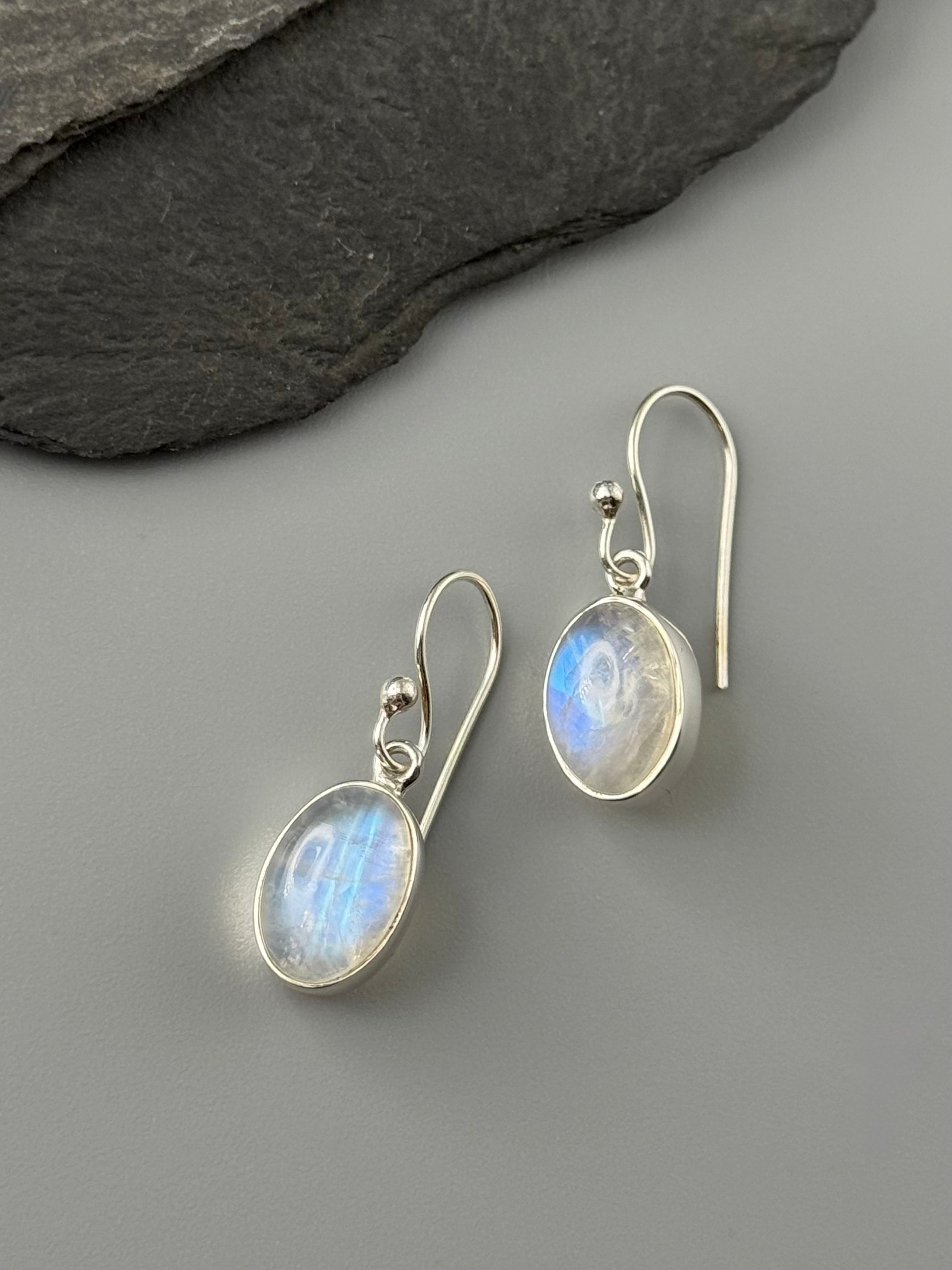 •RAINBOW MOONSTONE - SMALL OVAL• silver dangle earrings