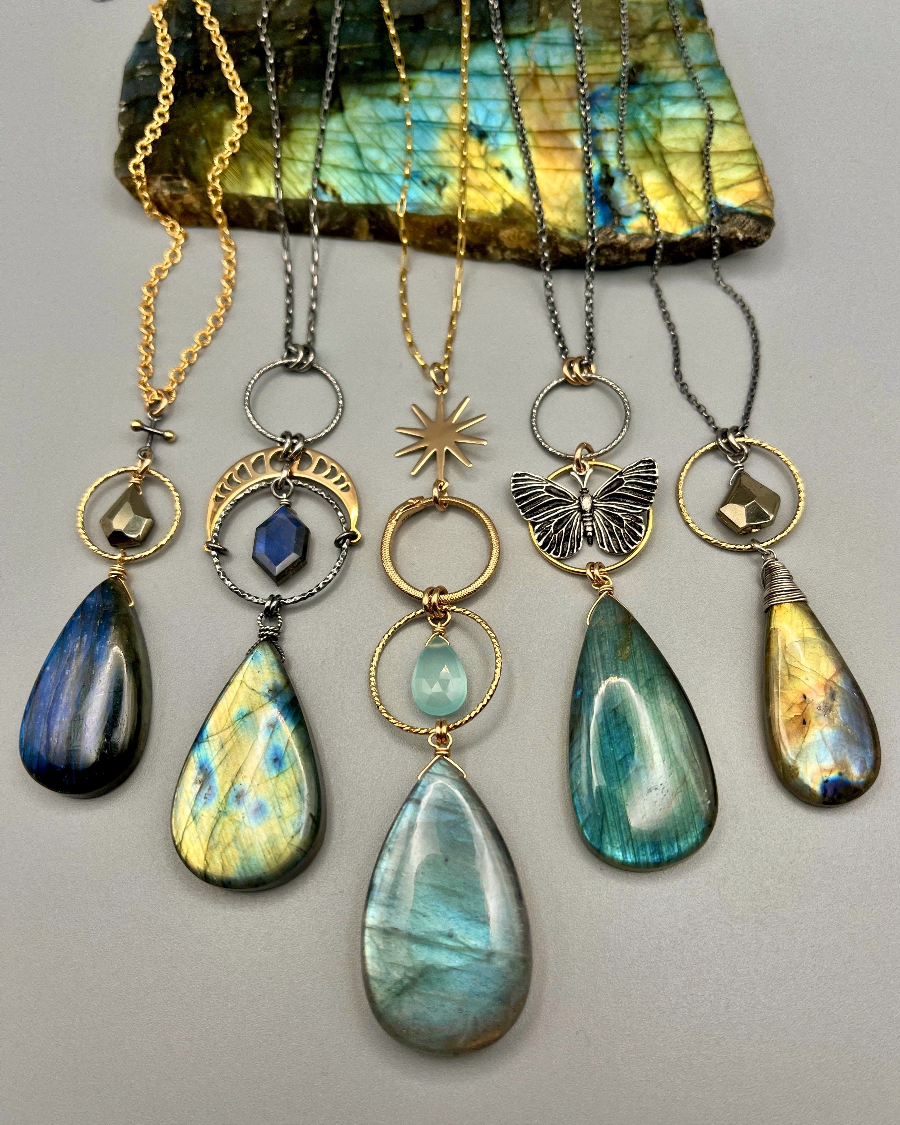 •LUNA• labradorite + pyrite mixed metal necklace (18"-20" long)