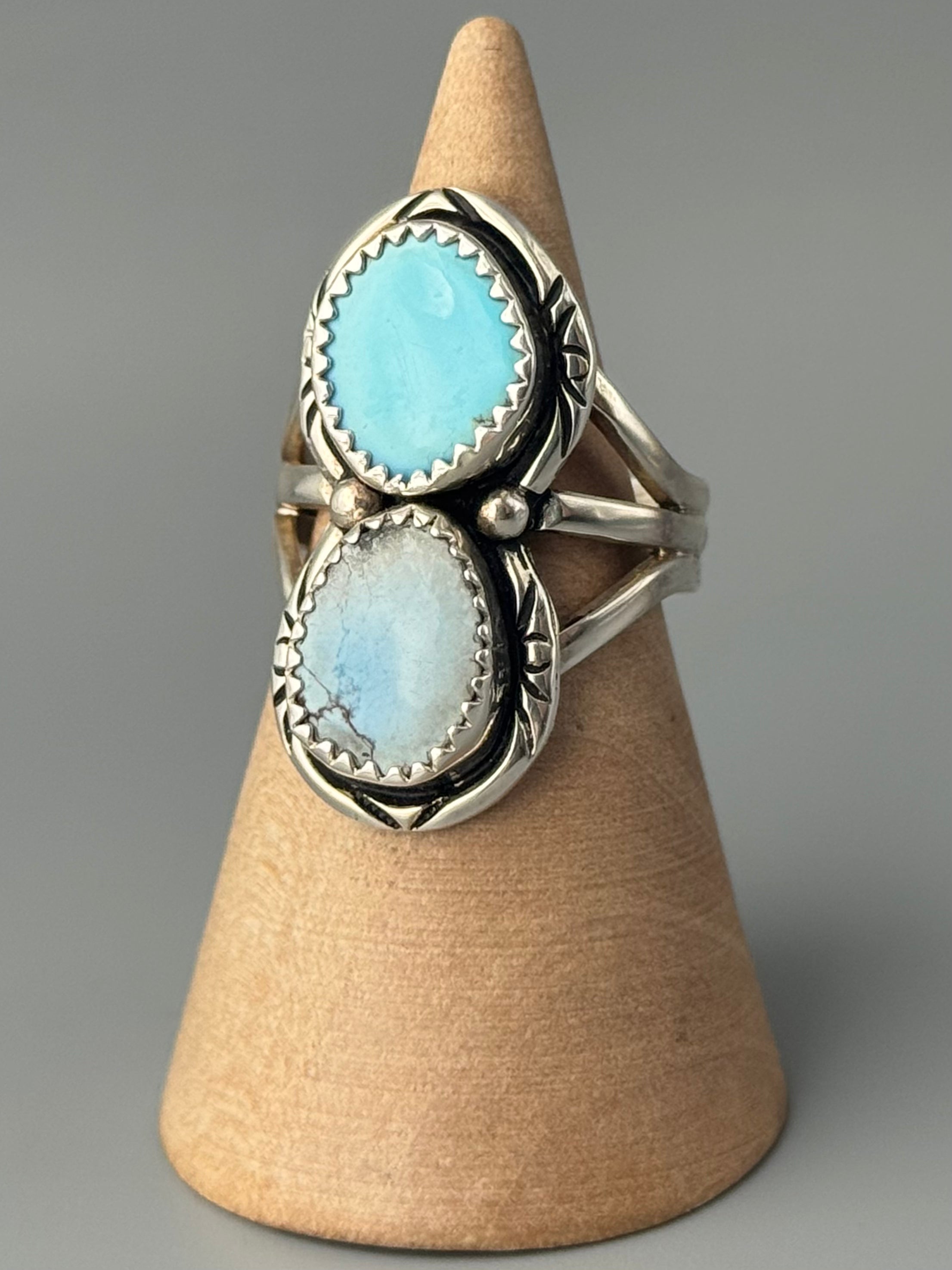 •GOLDEN HILL TURQUOISE - NAAKI - 2• Navajo silver ring (size 6.5)