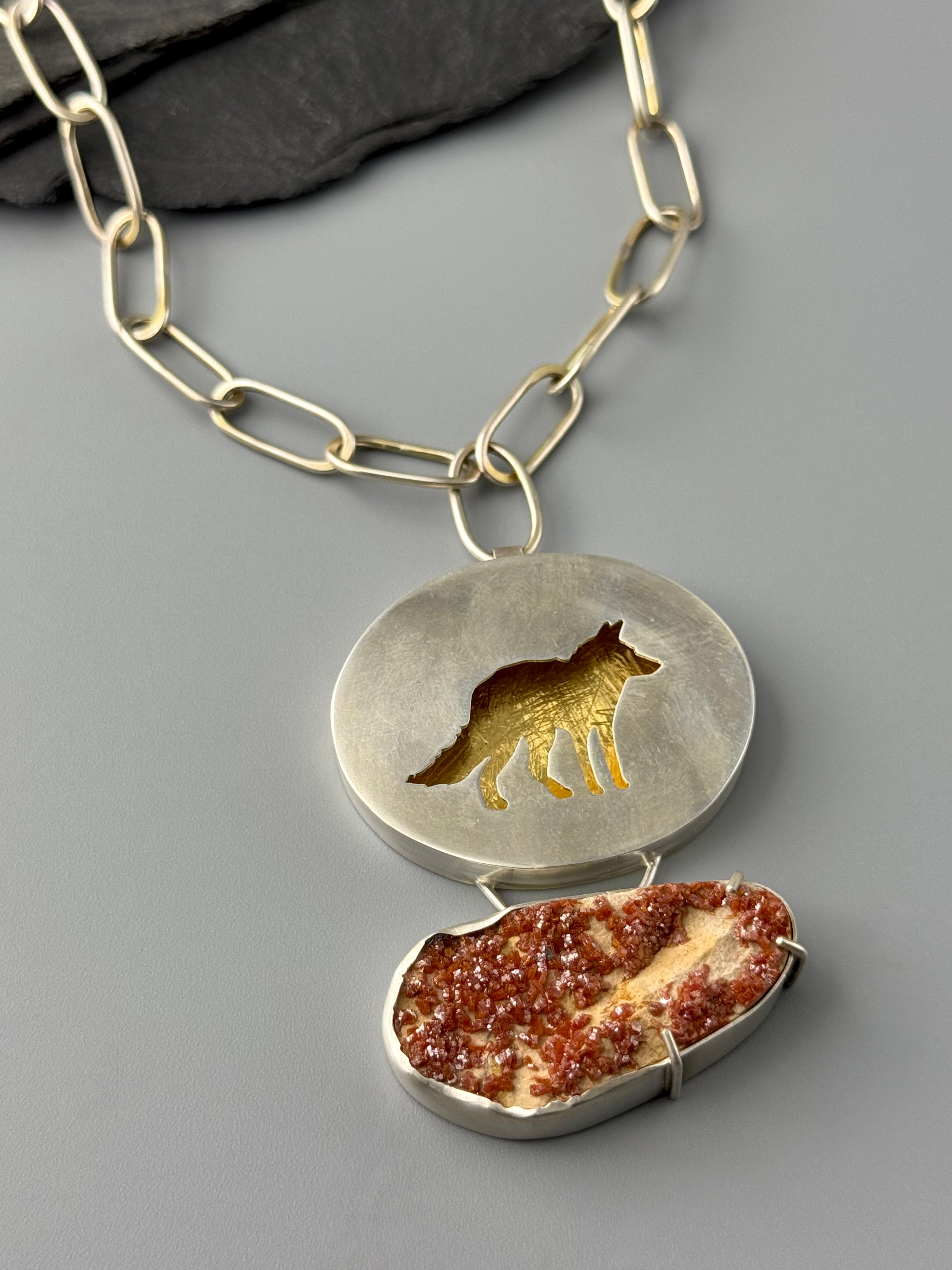 •KEUM-BOO VIXEN• hessonite garnet + mixed metal fox shadowbox necklace (20" long + 3" drop)