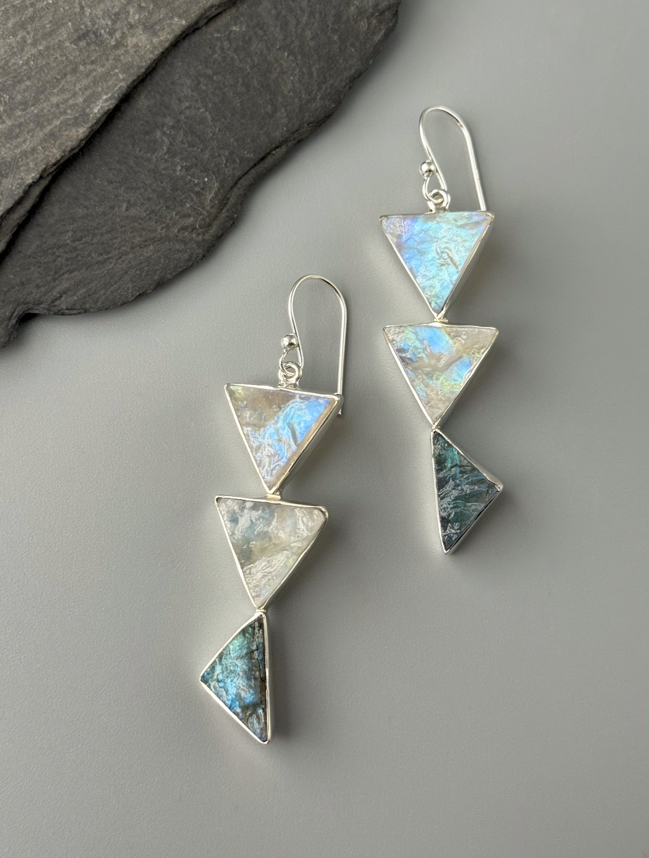 •RAINBOW MOONSTONE + LABRADORITE - TRI STACK• silver dangle earrings