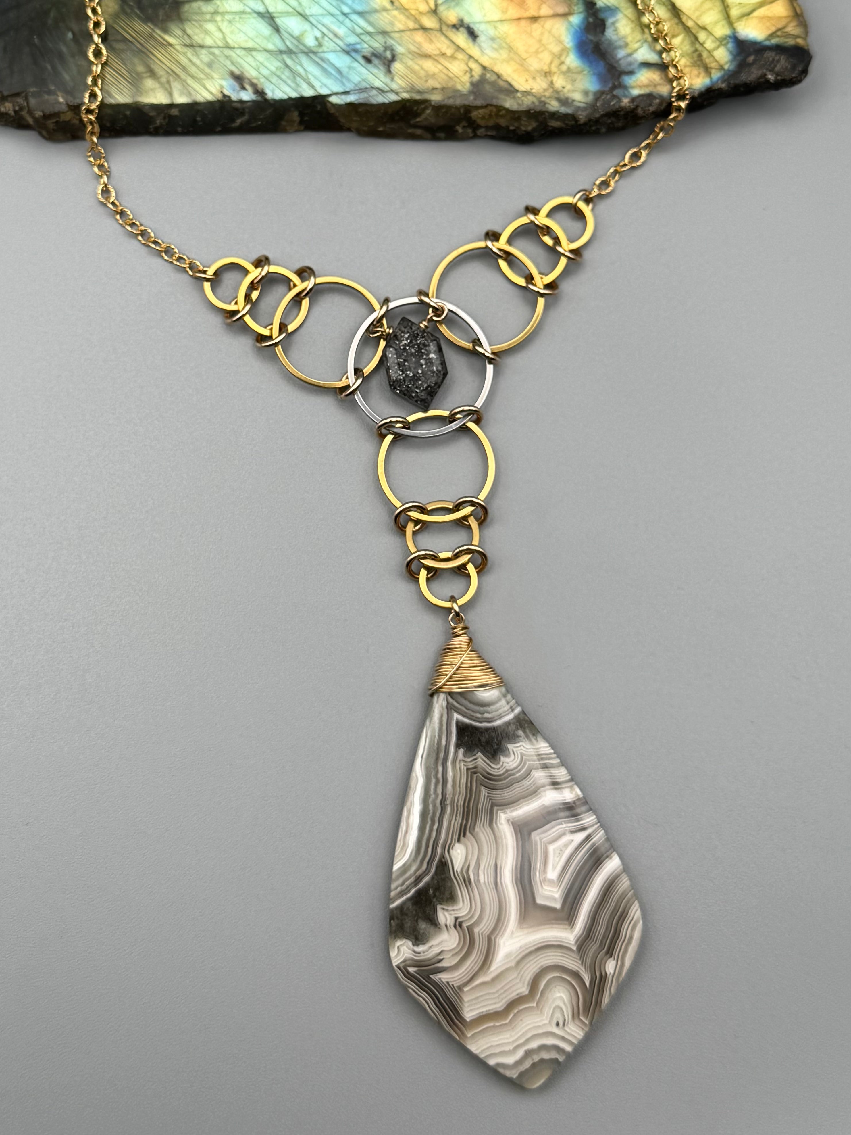 •EOWYN• black aventurine + lace agate mixed metal necklace (17"-19" long)