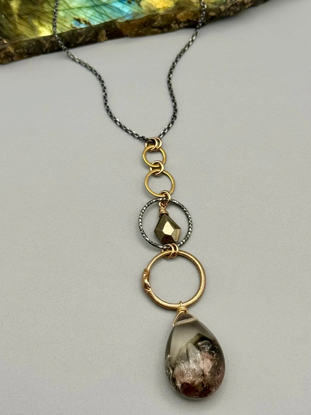 •NĀGA• pyrite + lodolite mixed metal necklace (26"-28" long)