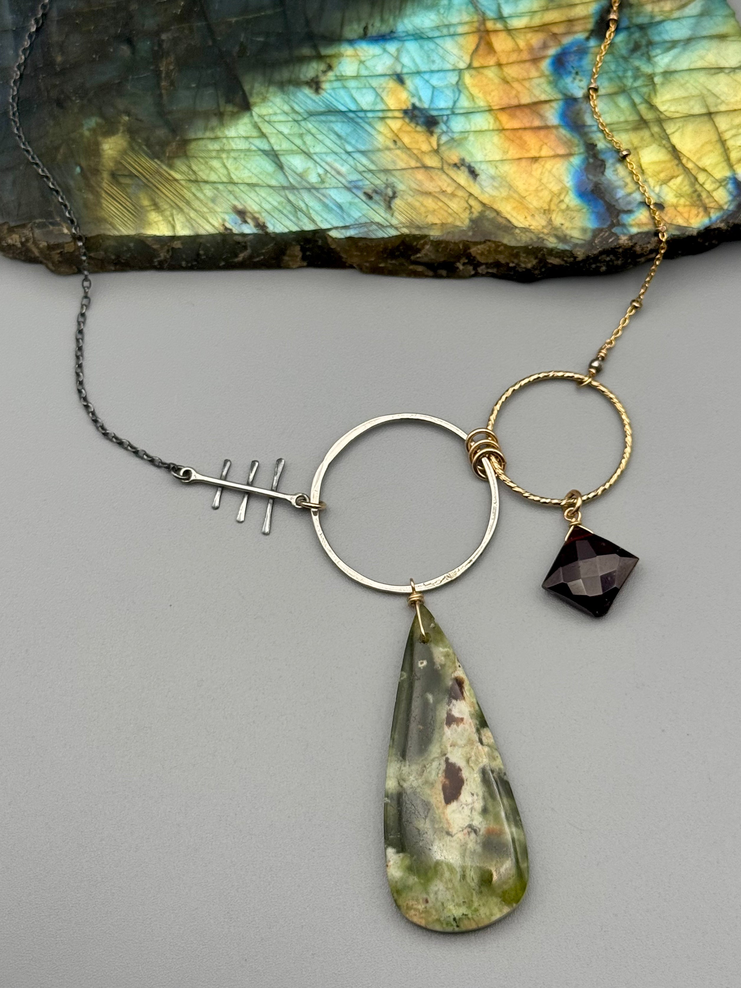 •UNION - INVOKE• chrome chalcedony + garnet mixed metal necklace (18"-20" long)