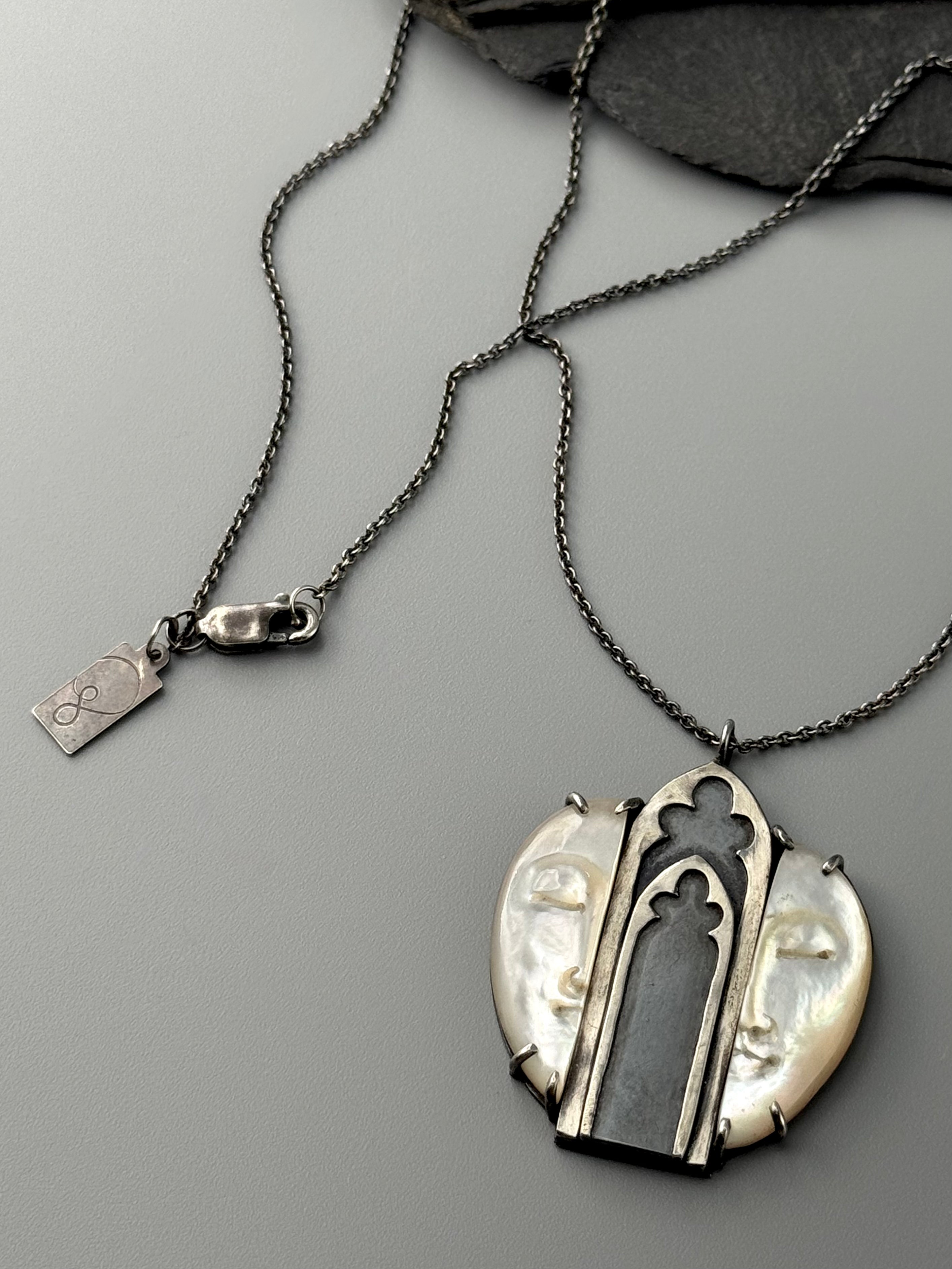 •GOTHIC ARCH + CAMEO• mother of pearl + silver necklace (18" long)