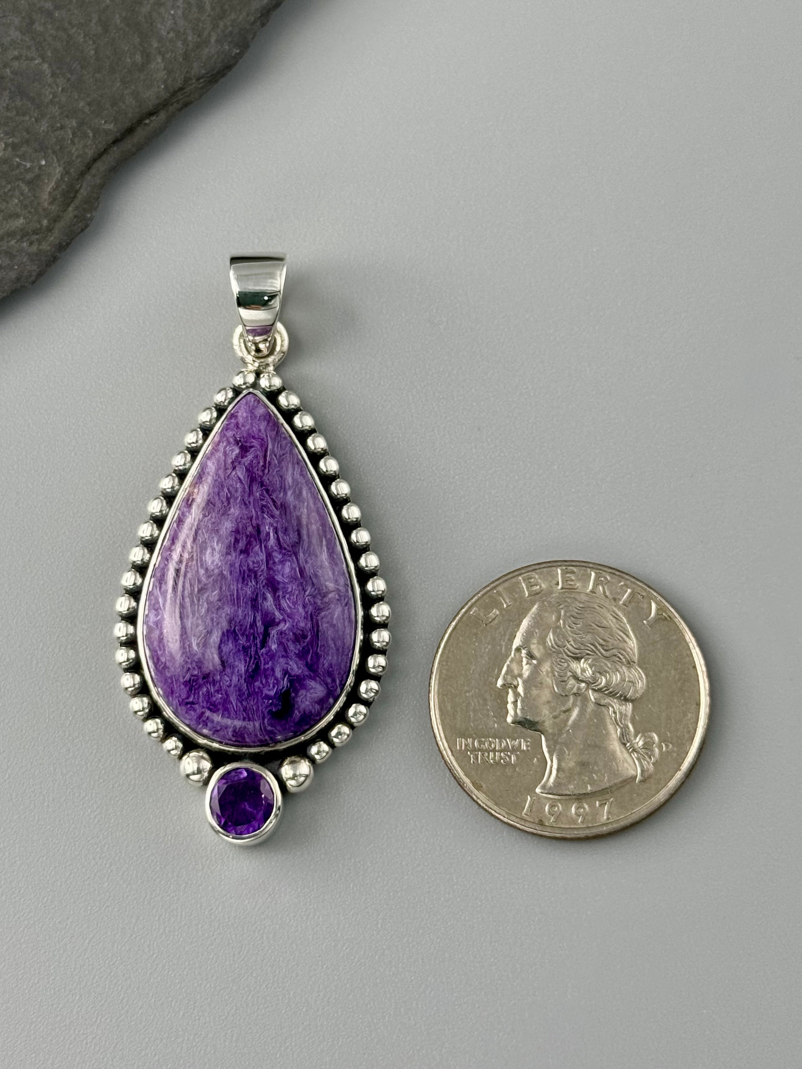 •CHAROITE TEAR + AMETHYST• sterling silver pendant