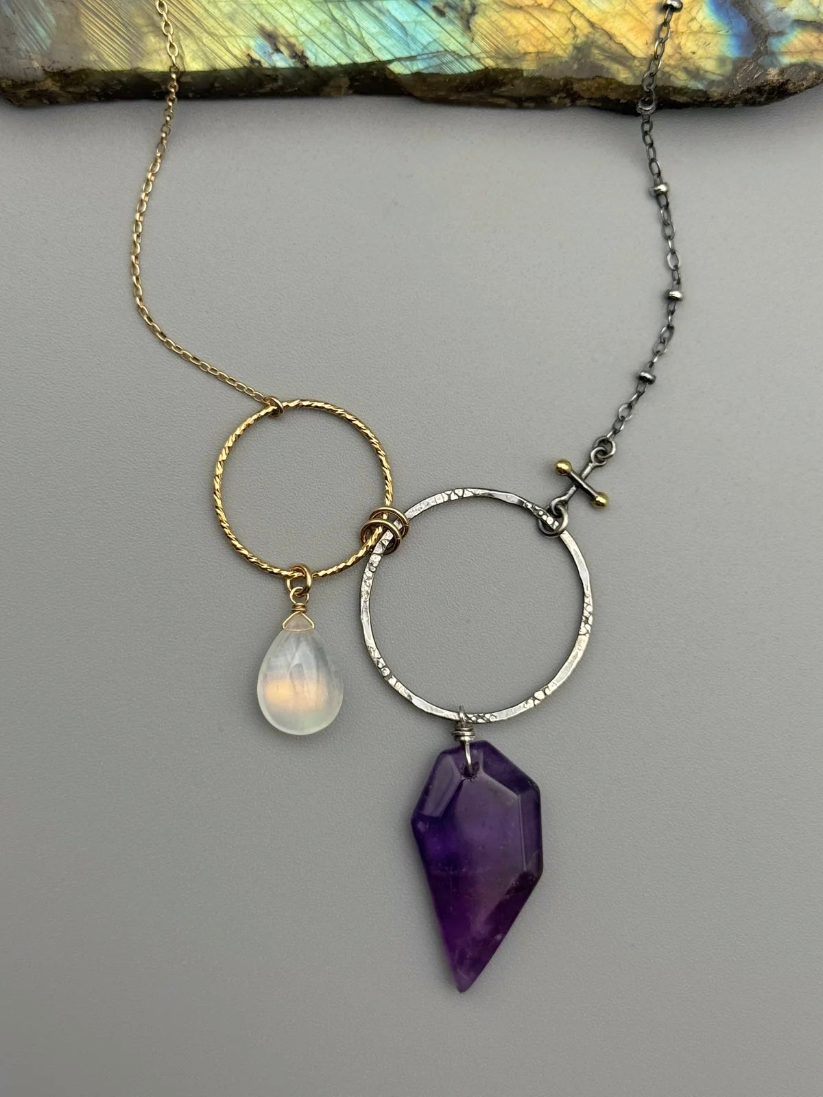 •UNION• rainbow moonstone + amethyst mixed metal necklace (16"-18" long)