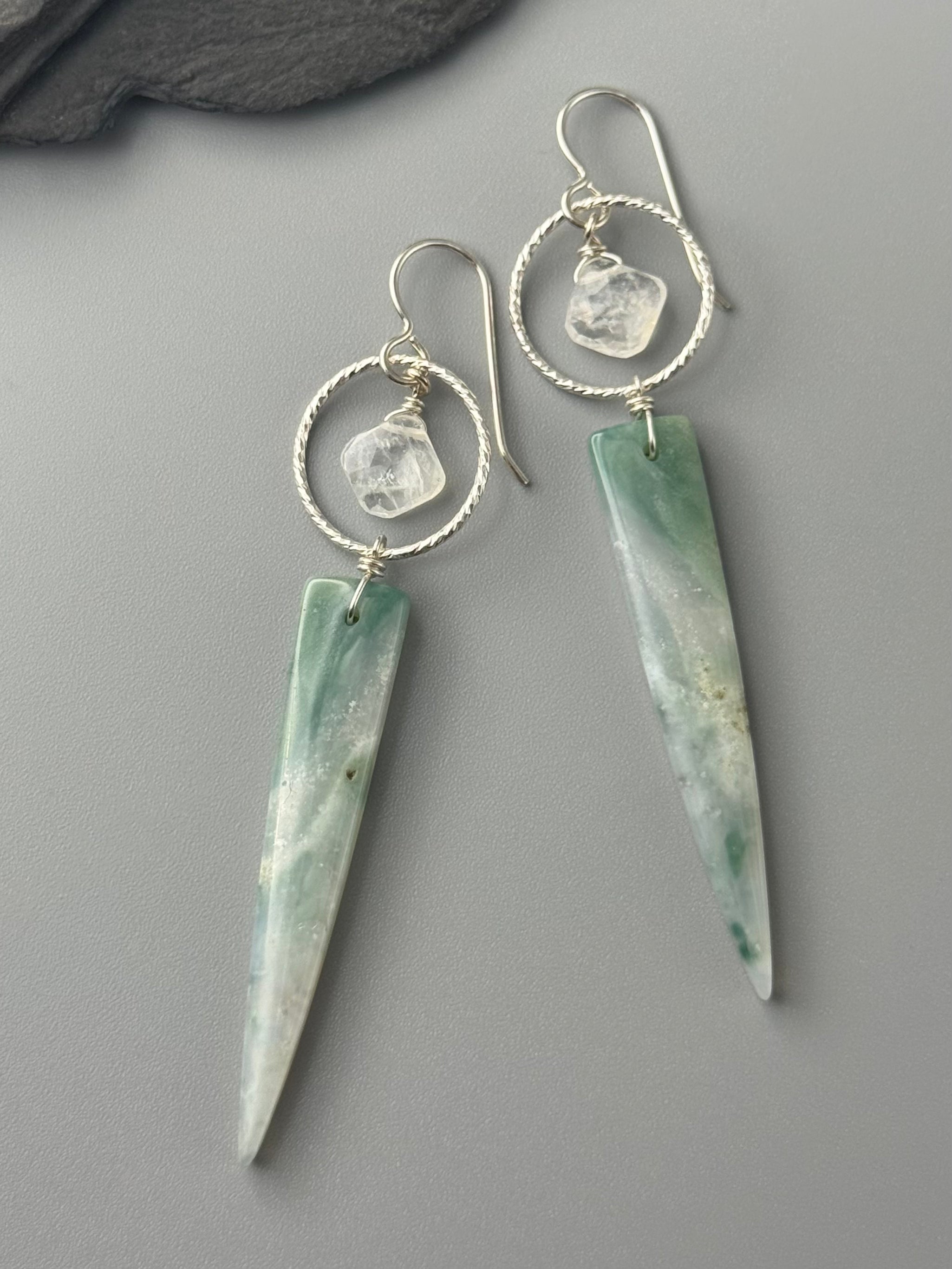 •LUNA• rainbow moonstone + jade silver earrings